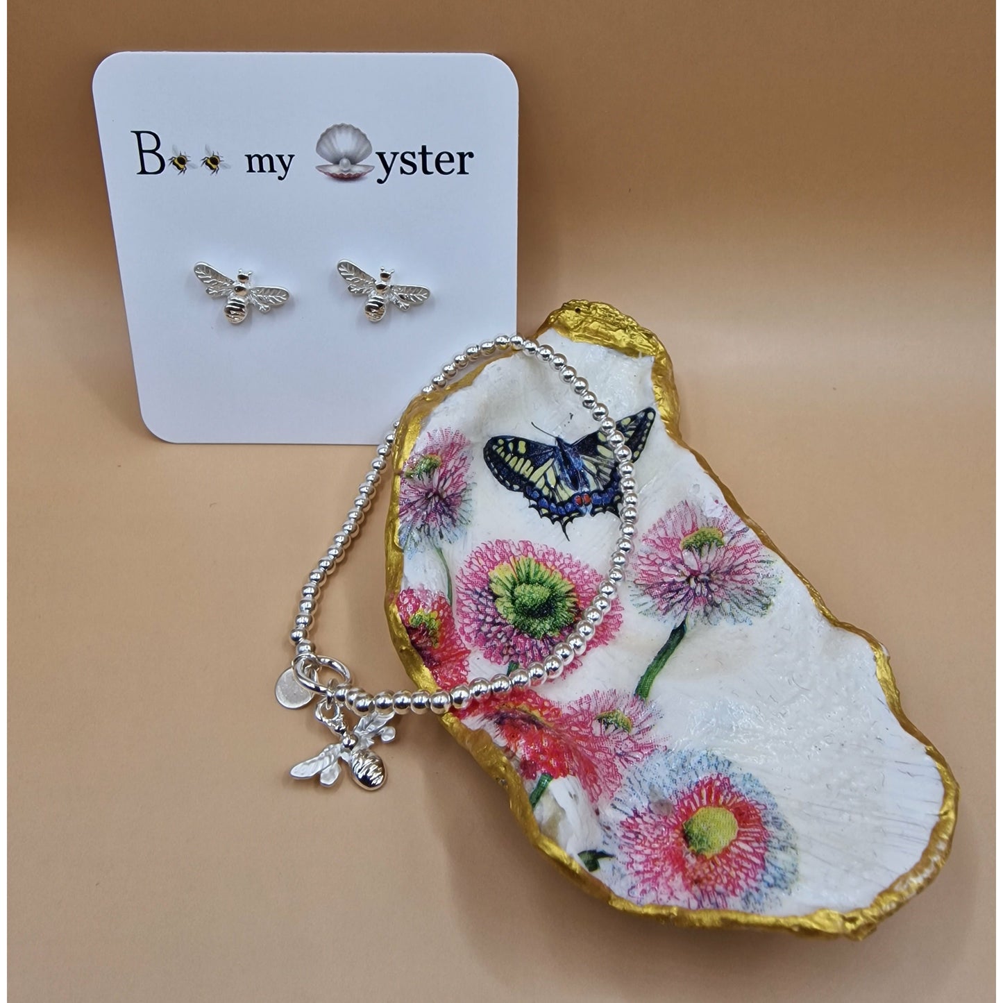 Pink Cornflowers Butterfly Oyster Shell Trinket Dish