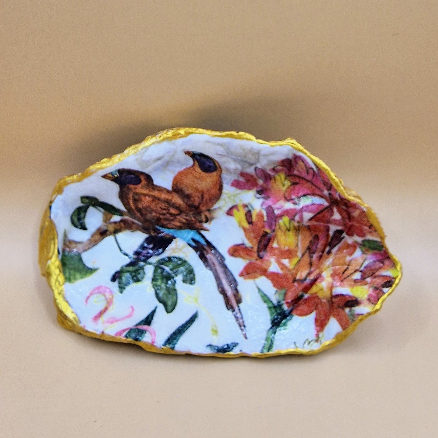 Brown Birds Flowers Autumn Oyster Shell Trinket Dish