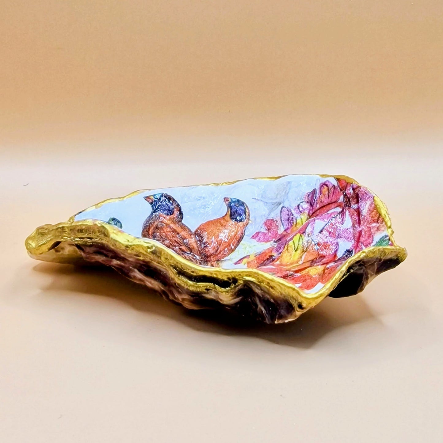 Brown Birds Flowers Autumn Oyster Shell Trinket Dish