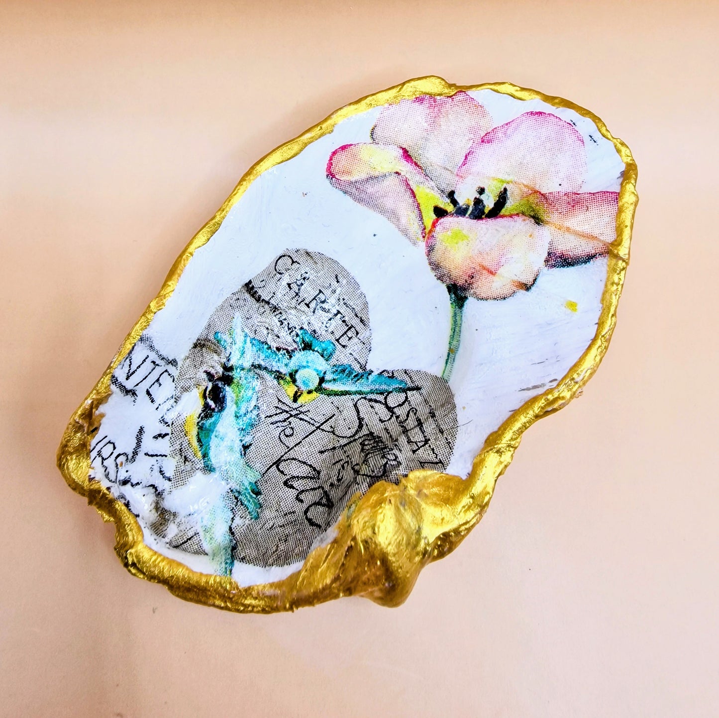 Blue Birds Heart Flower Oyster Shell Trinket Dish