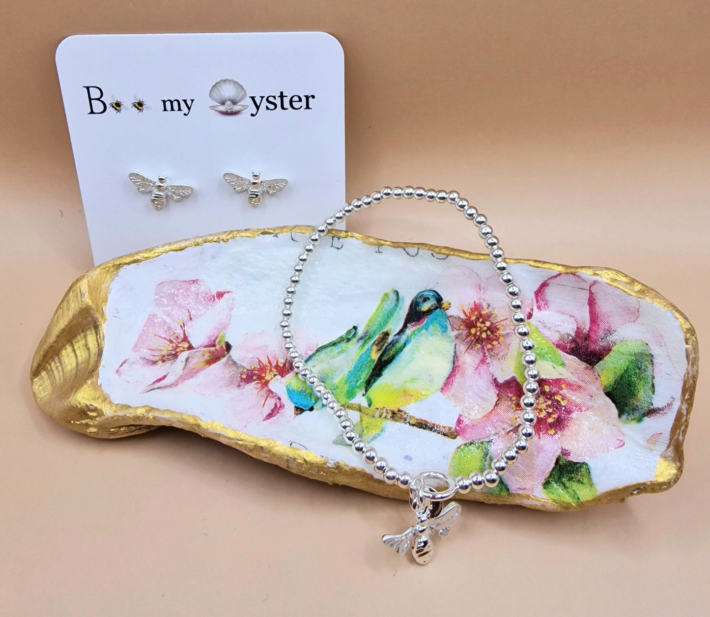 Lovebirds on Cherry Blossom Oyster Shell Trinket Dish