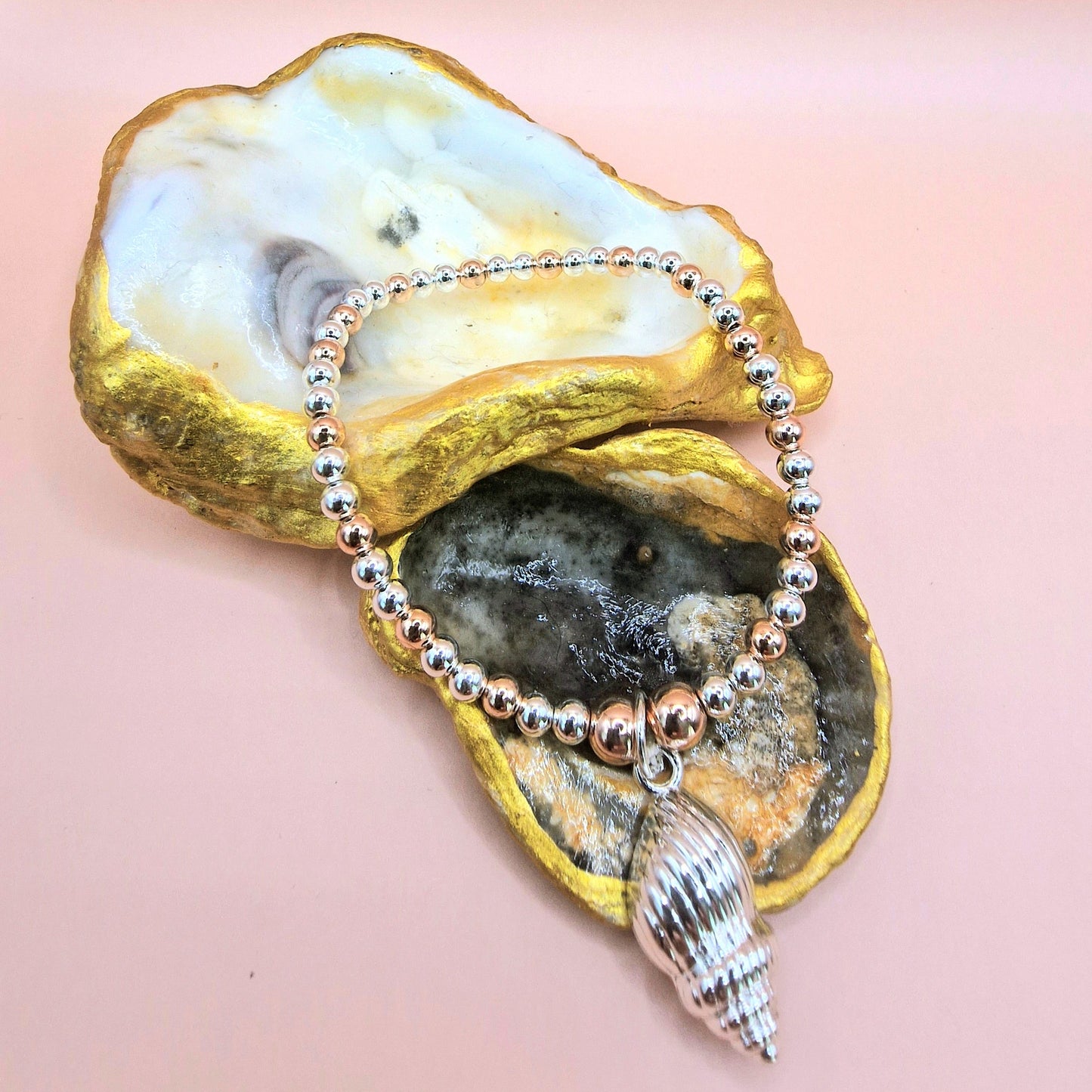 Beaded Shell Stretch Charm Bracelet Silver - Rose Gold Colour
