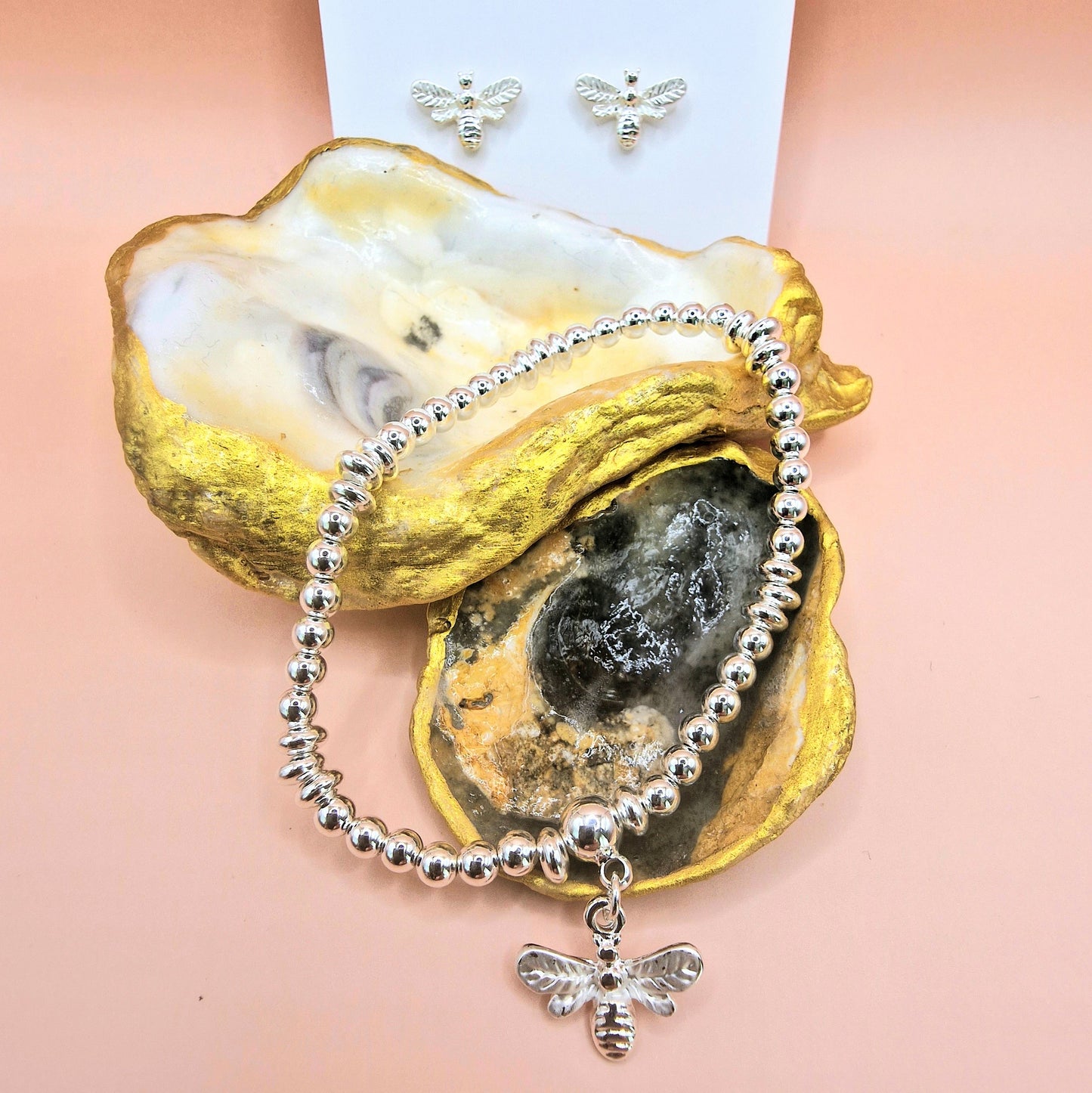 Beaded Delicate Bumble Bee Stretch Charm Bracelet Silver