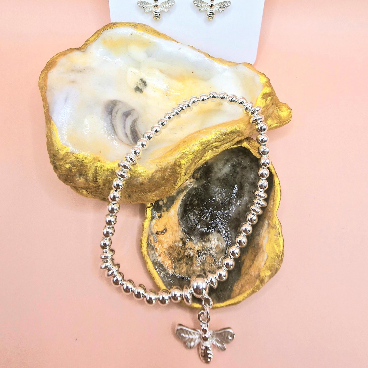 Beaded Delicate Bumble Bee Stretch Charm Bracelet Silver