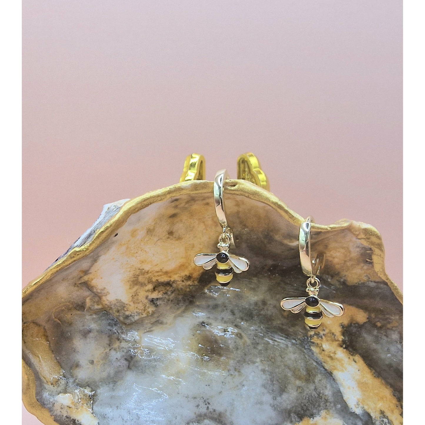 Pretty Bumble Bee Drop Hoop Earrings Pierced Gold Colour