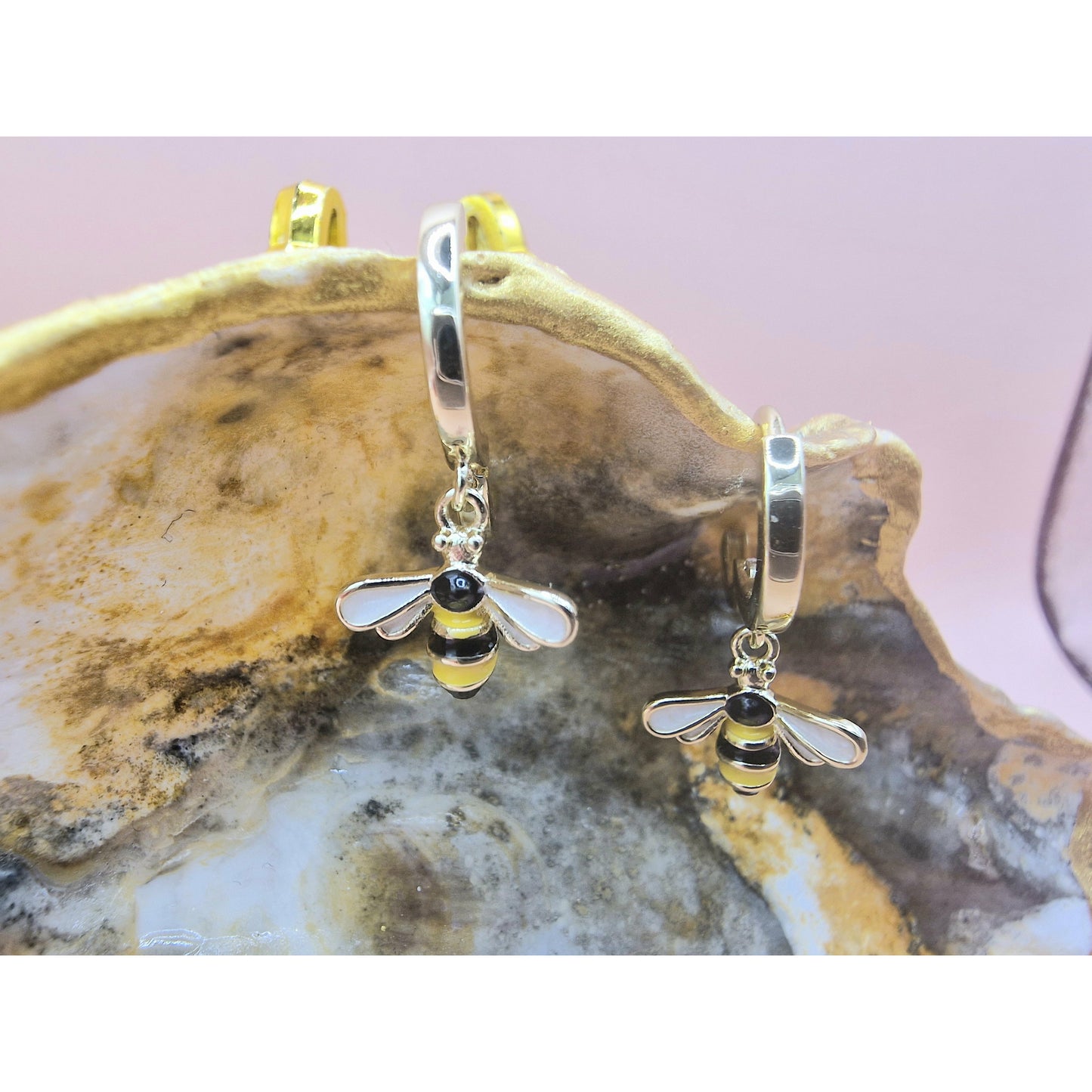 Pretty Bumble Bee Drop Hoop Earrings Pierced Gold Colour