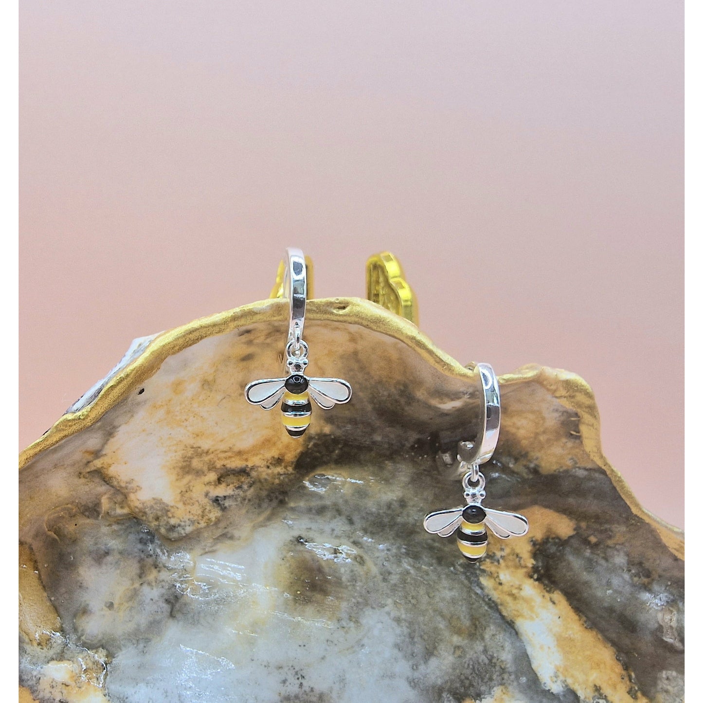 Pretty Bumble Bee Drop Hoop Earrings Pierced Silver Colour