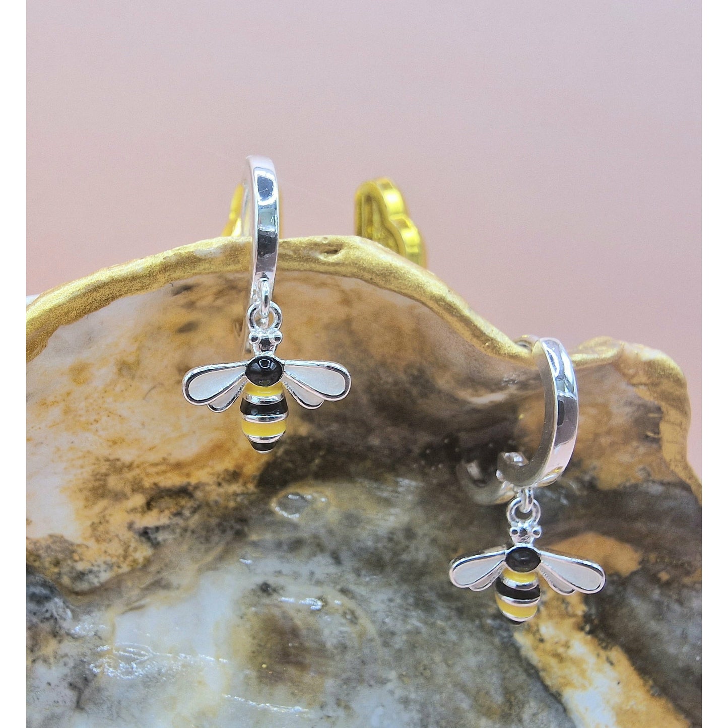 Pretty Bumble Bee Drop Hoop Earrings Pierced Silver Colour