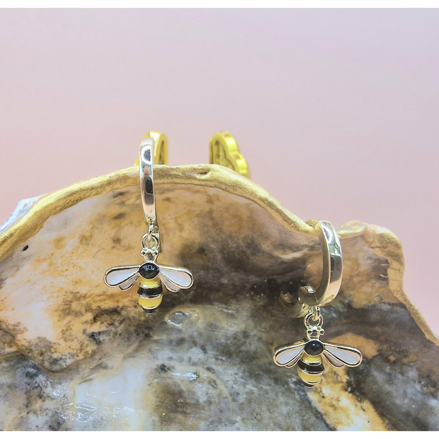 Pretty Bumble Bee Drop Hoop Earrings Pierced Gold Colour