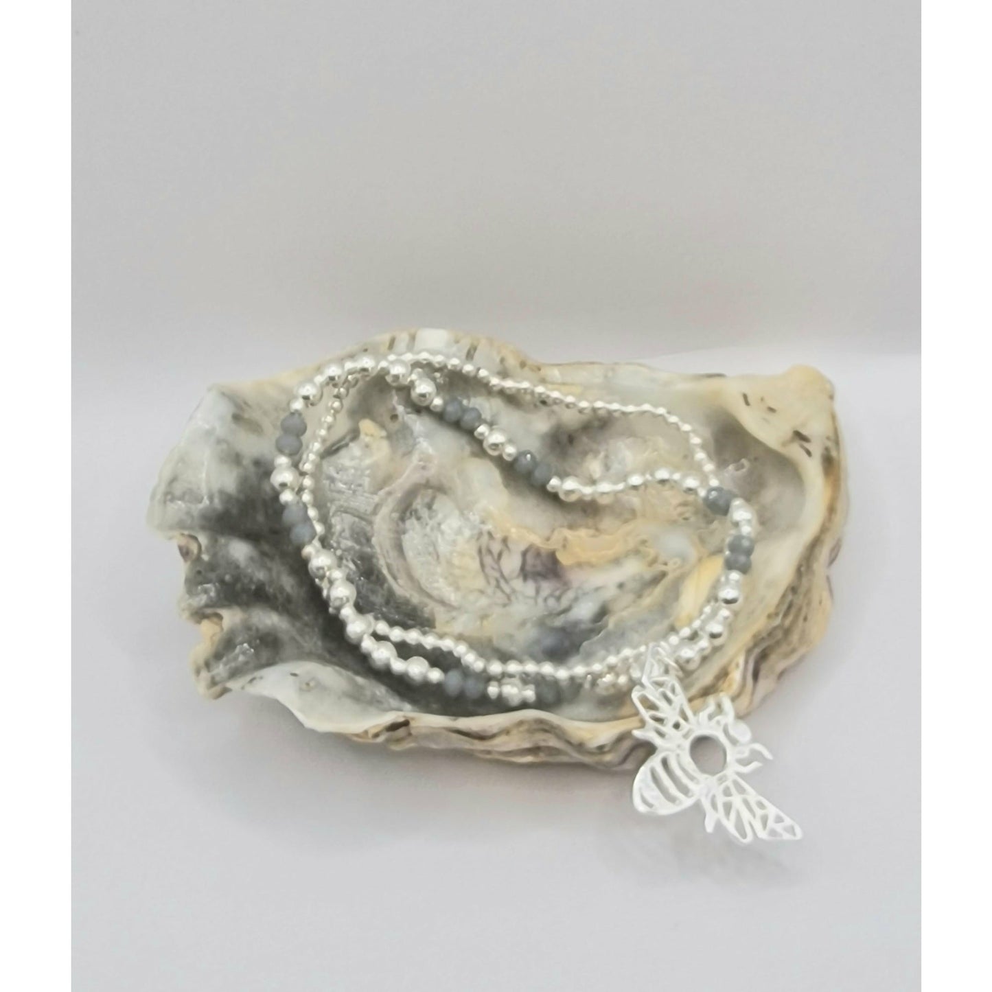 Silhouette Bumble Bee Double Strand Beaded Bracelet Silver Plate