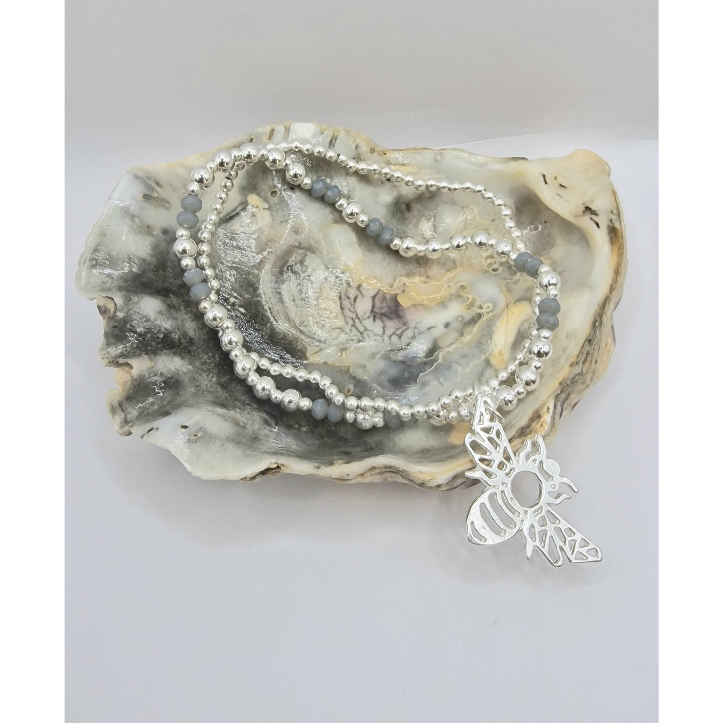 Silhouette Bumble Bee Double Strand Beaded Bracelet Silver Plate