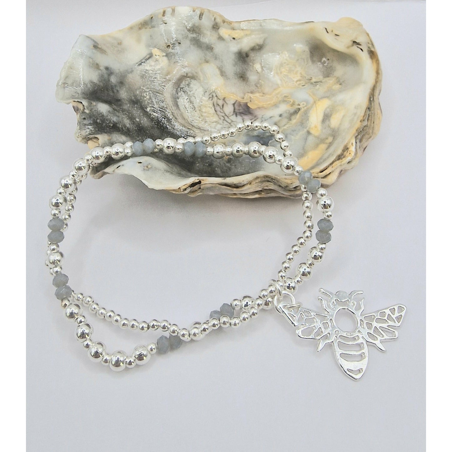 Silhouette Bumble Bee Double Strand Beaded Bracelet Silver Plate