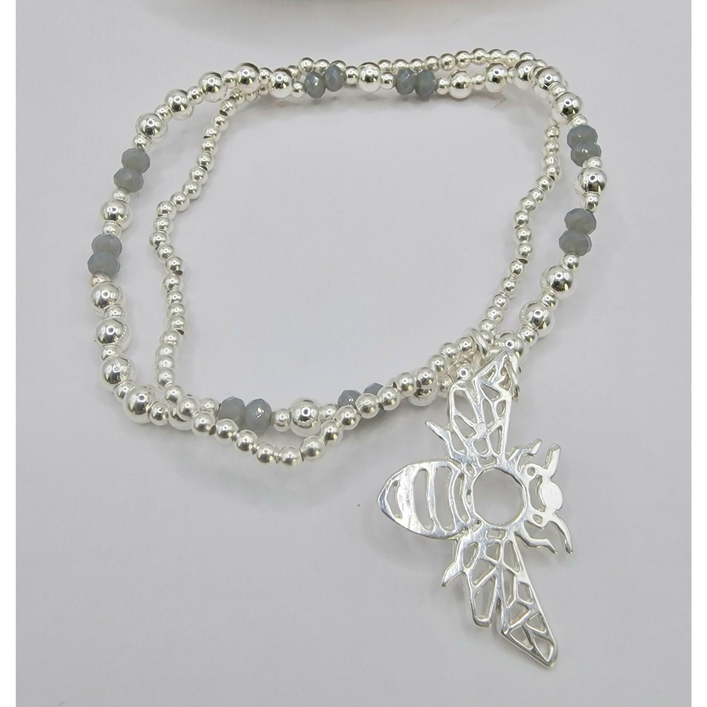 Silhouette Bumble Bee Double Strand Beaded Bracelet Silver Plate