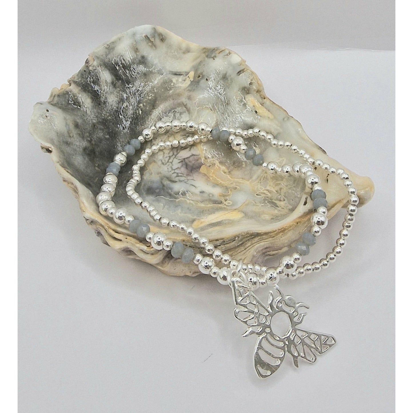 Silhouette Bumble Bee Double Strand Beaded Bracelet Silver Plate
