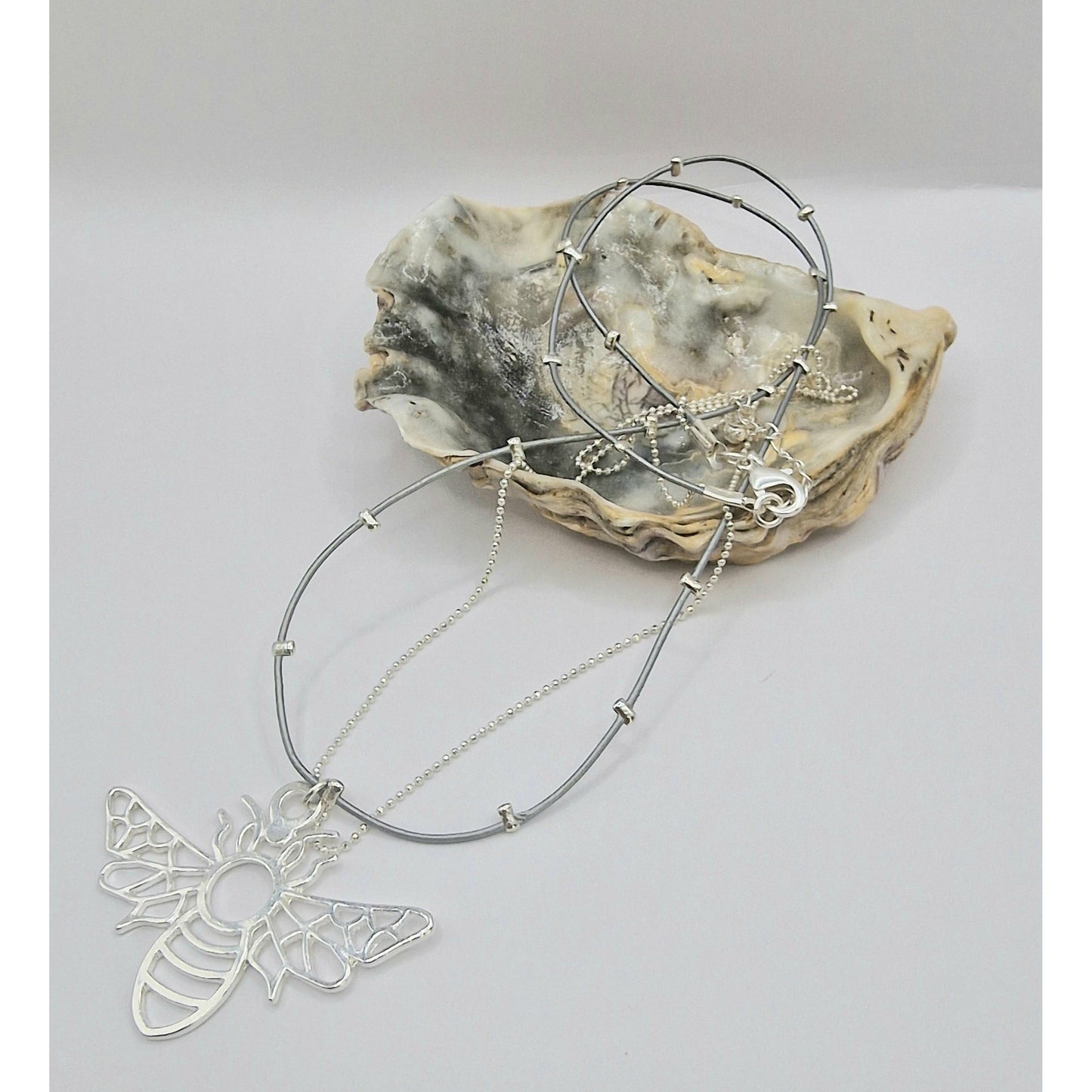 Silhouette Bumble Bee Double Strand Beaded Necklace Silver Plate