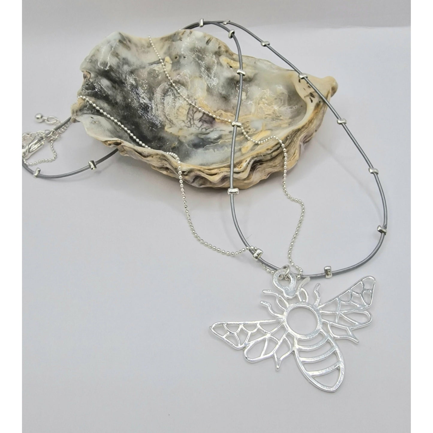 Silhouette Bumble Bee Double Strand Beaded Necklace Silver Plate