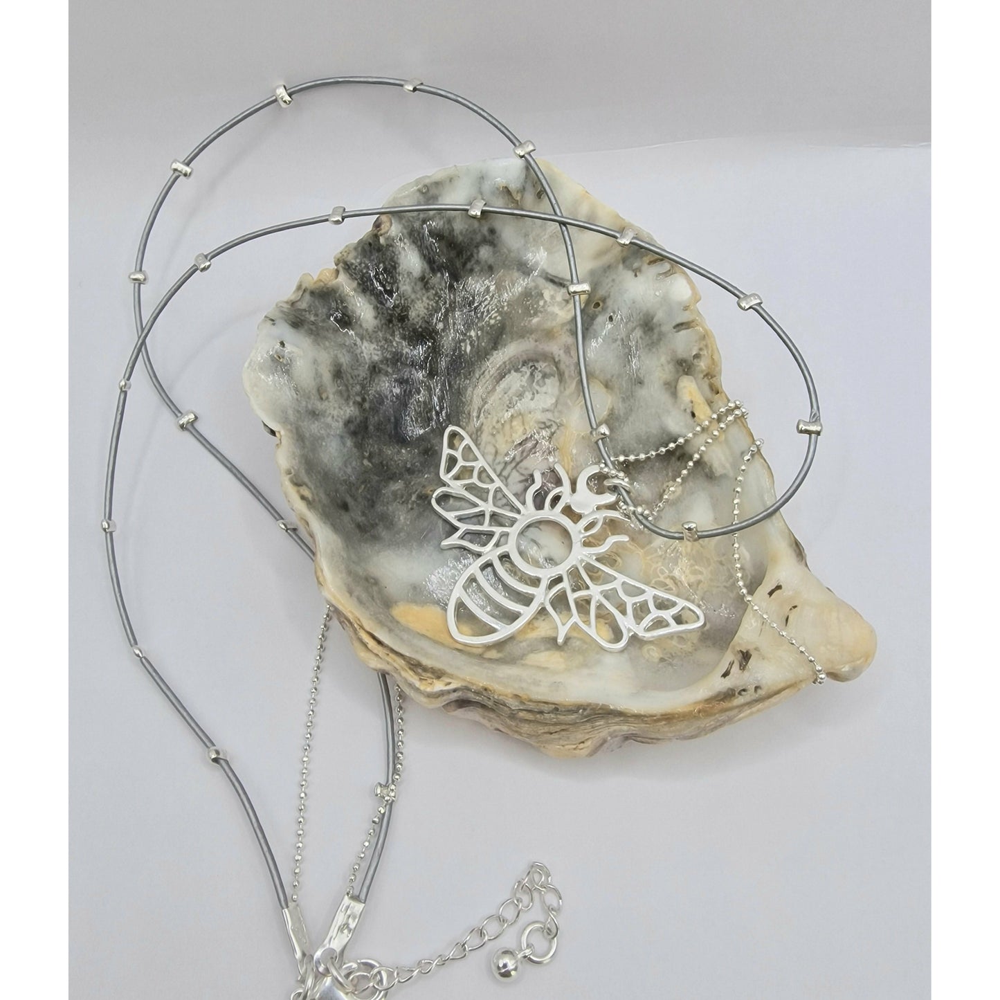 Silhouette Bumble Bee Double Strand Beaded Necklace Silver Plate