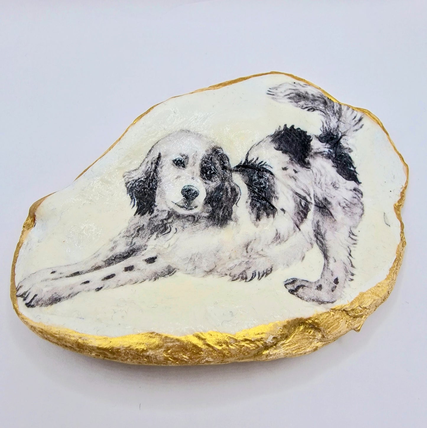 White Black Dog Large Oyster Shell Trinket Dish