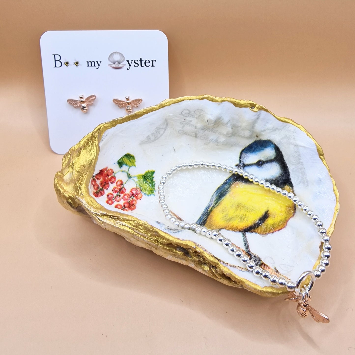 Blue Tit with Berries Oyster Shell Trinket Dish