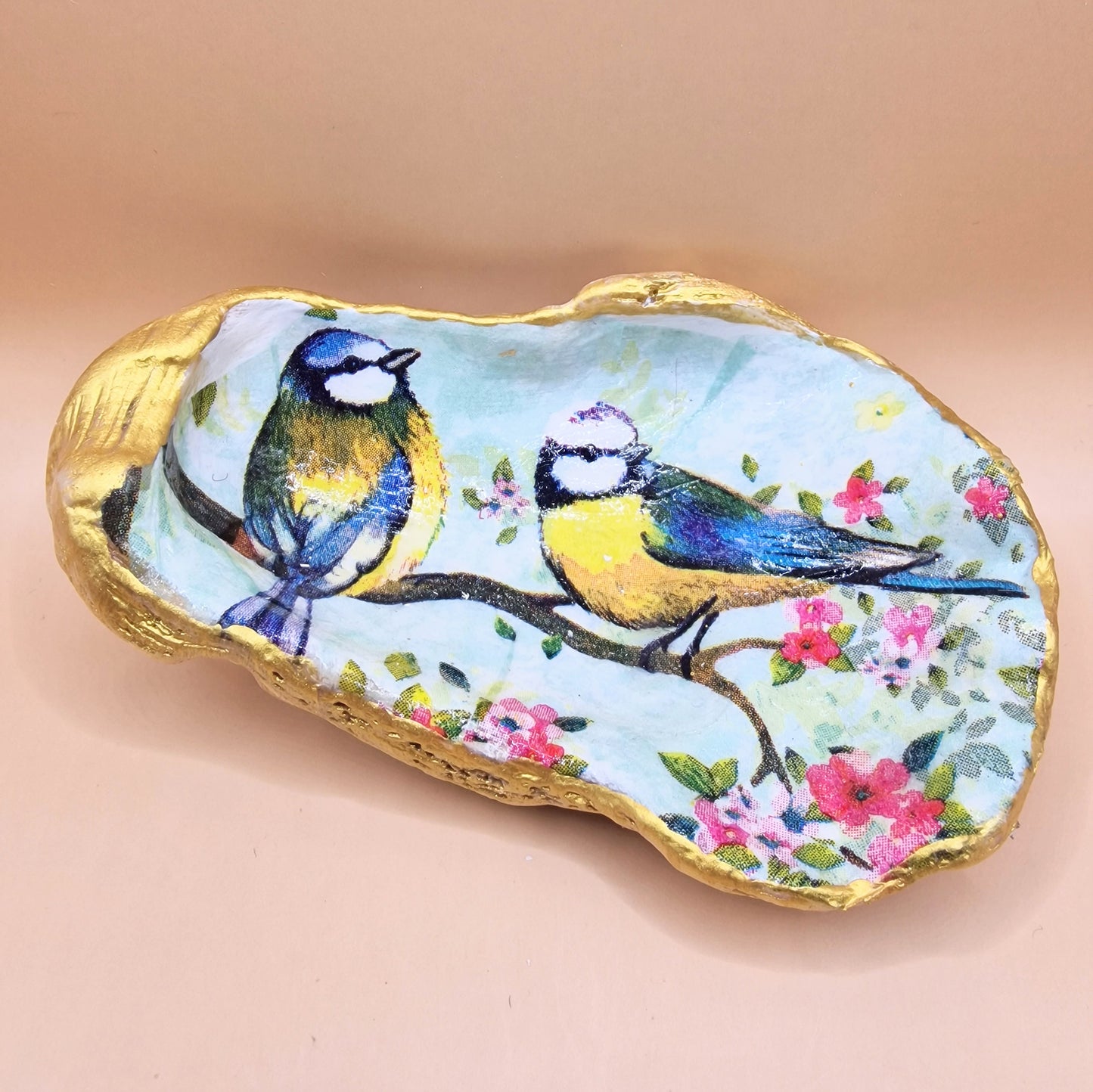 Blue Tit Duo Blossom Medium Oyster Shell Trinket Dish