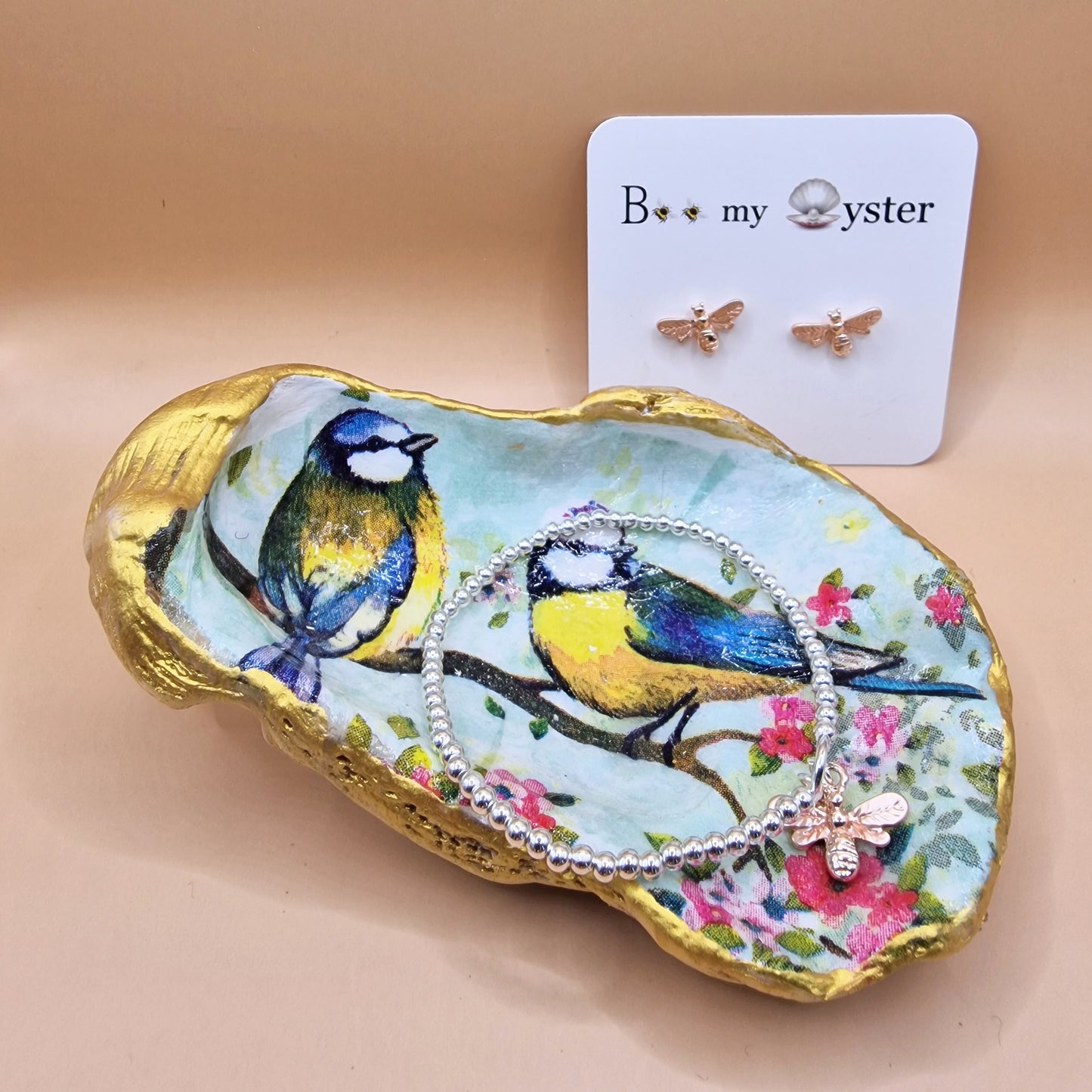 Blue Tit Duo Blossom Medium Oyster Shell Trinket Dish