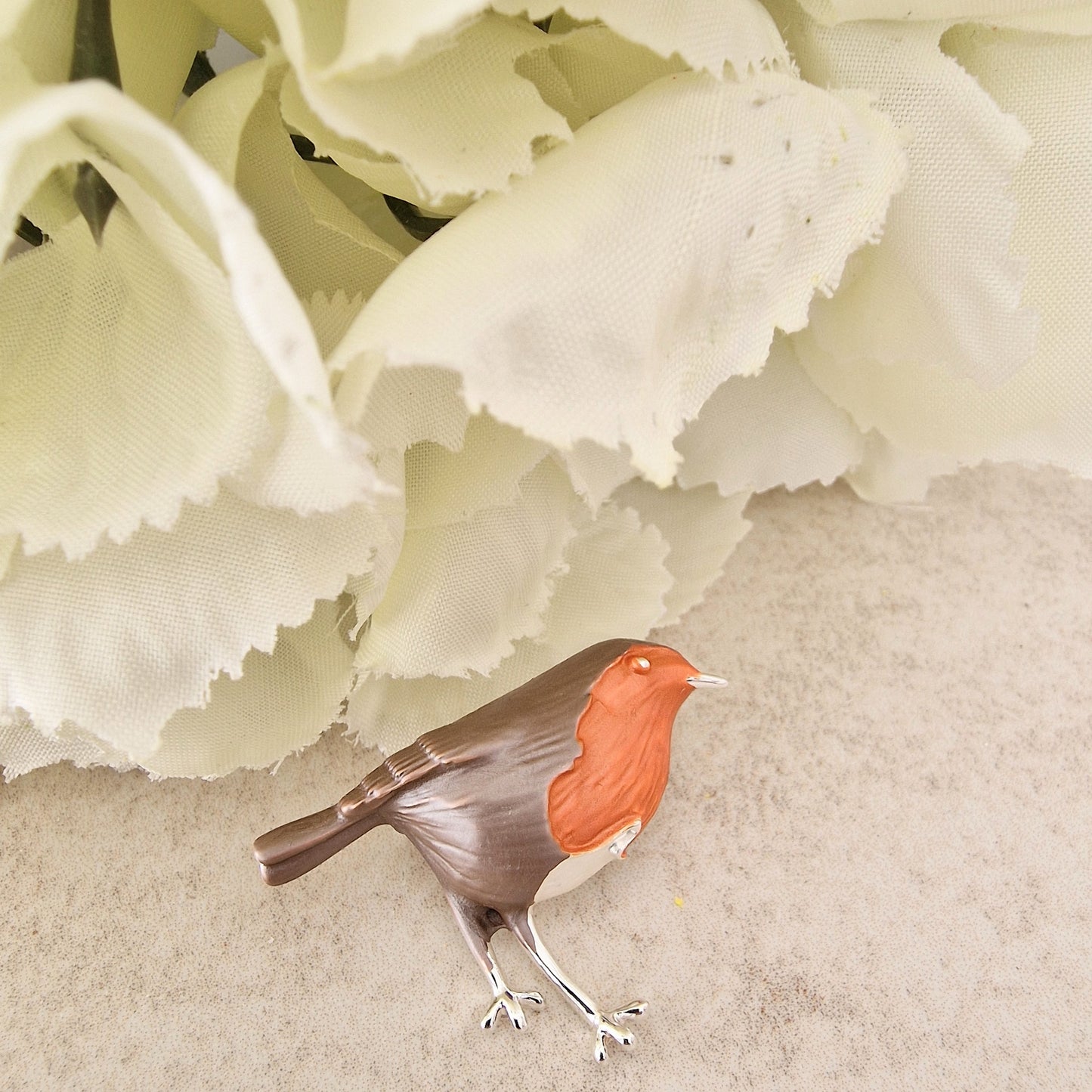 Robin Redbreast Bird Brooch Silver Base
