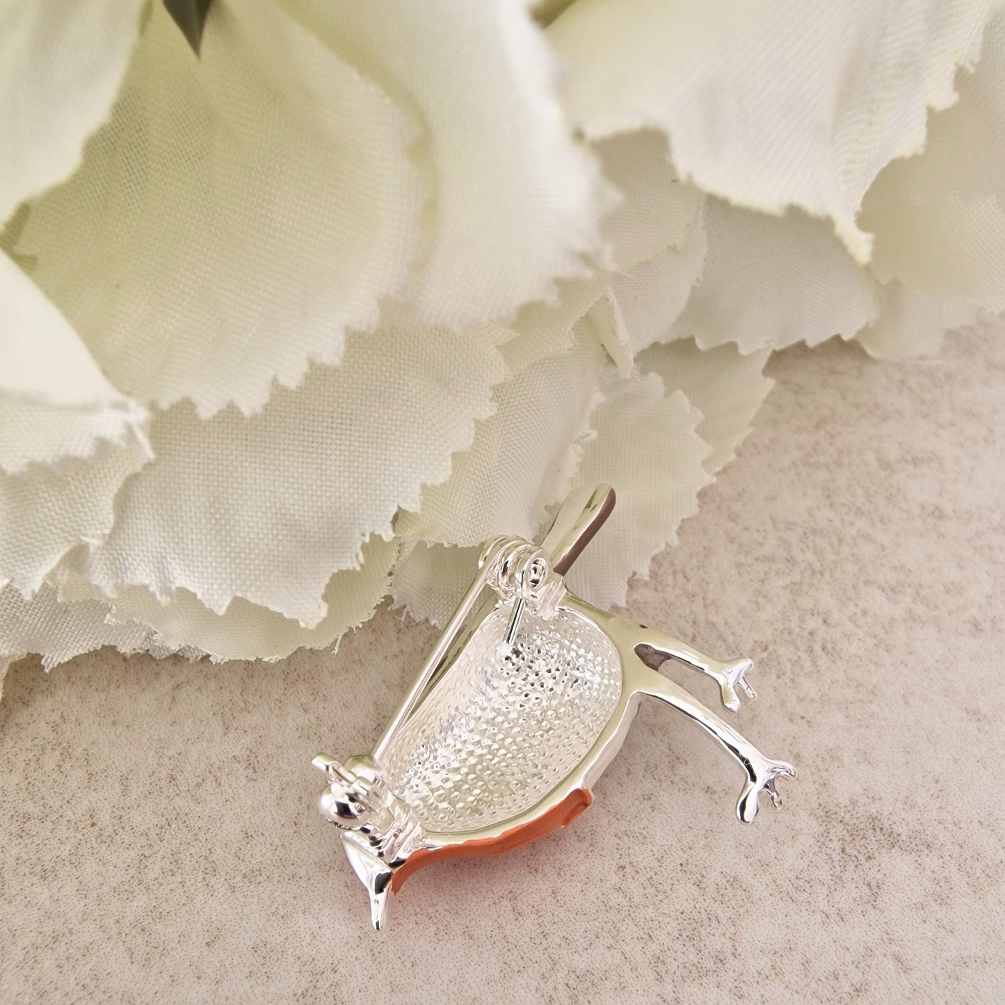 Robin Redbreast Bird Brooch Silver Base