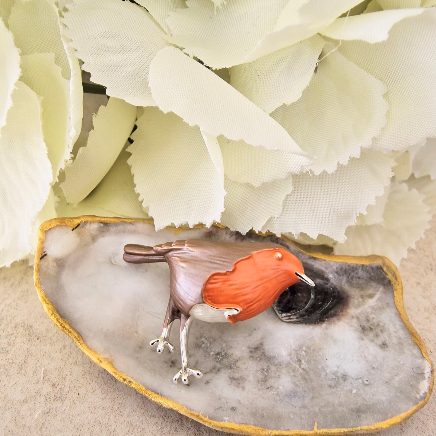 Robin Redbreast Bird Brooch Silver Base