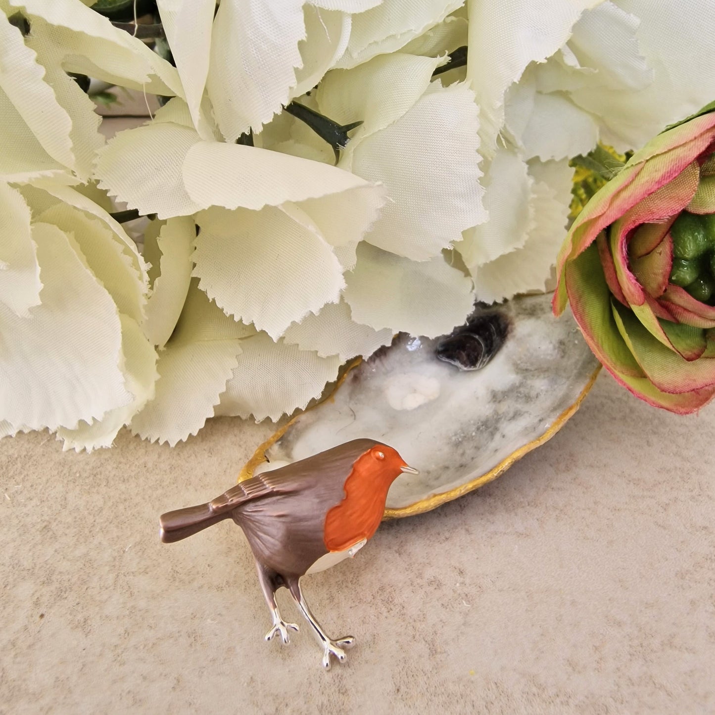 Robin Redbreast Bird Brooch Silver Base