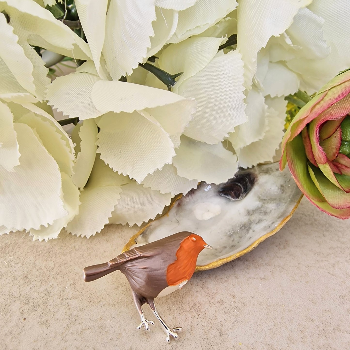 Robin Redbreast Bird Brooch Silver Base