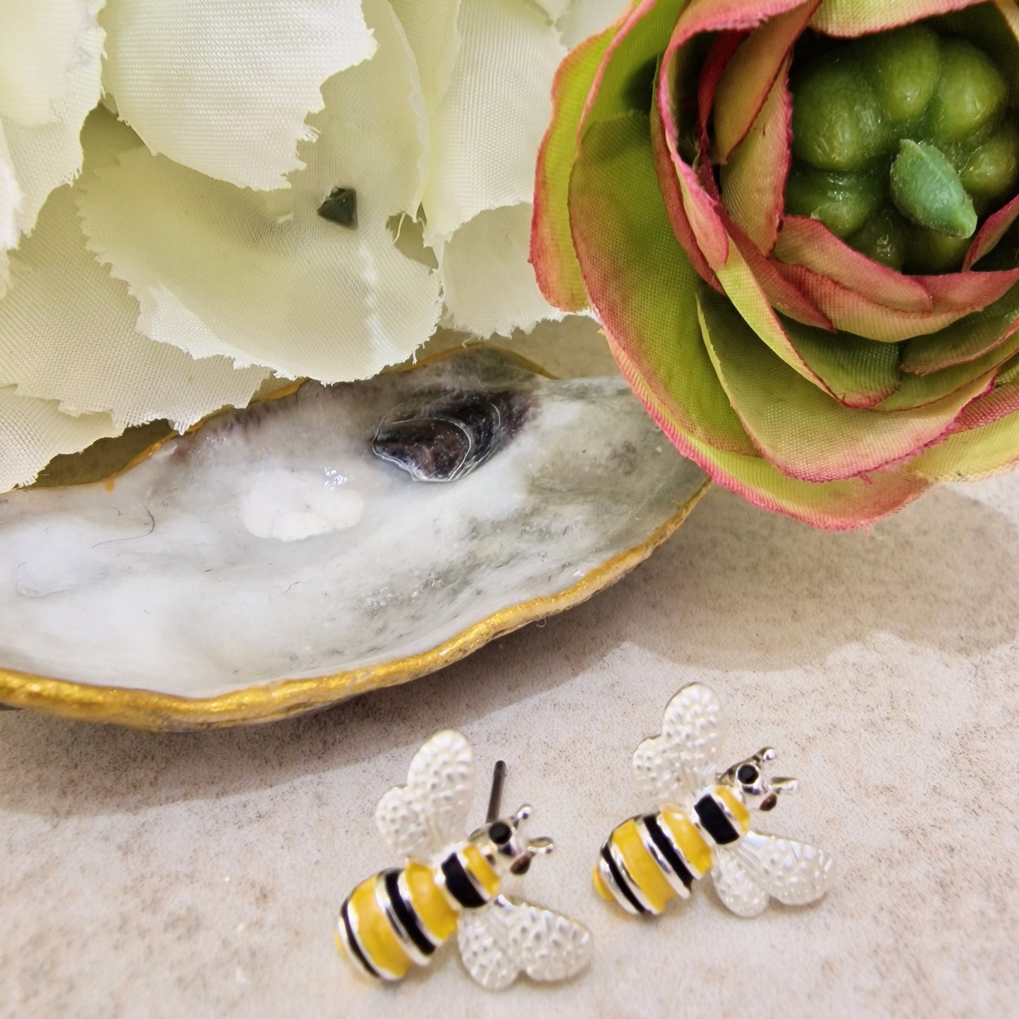 Bumble Bee Pierced Stud Earrings Silver Yellow Coloured
