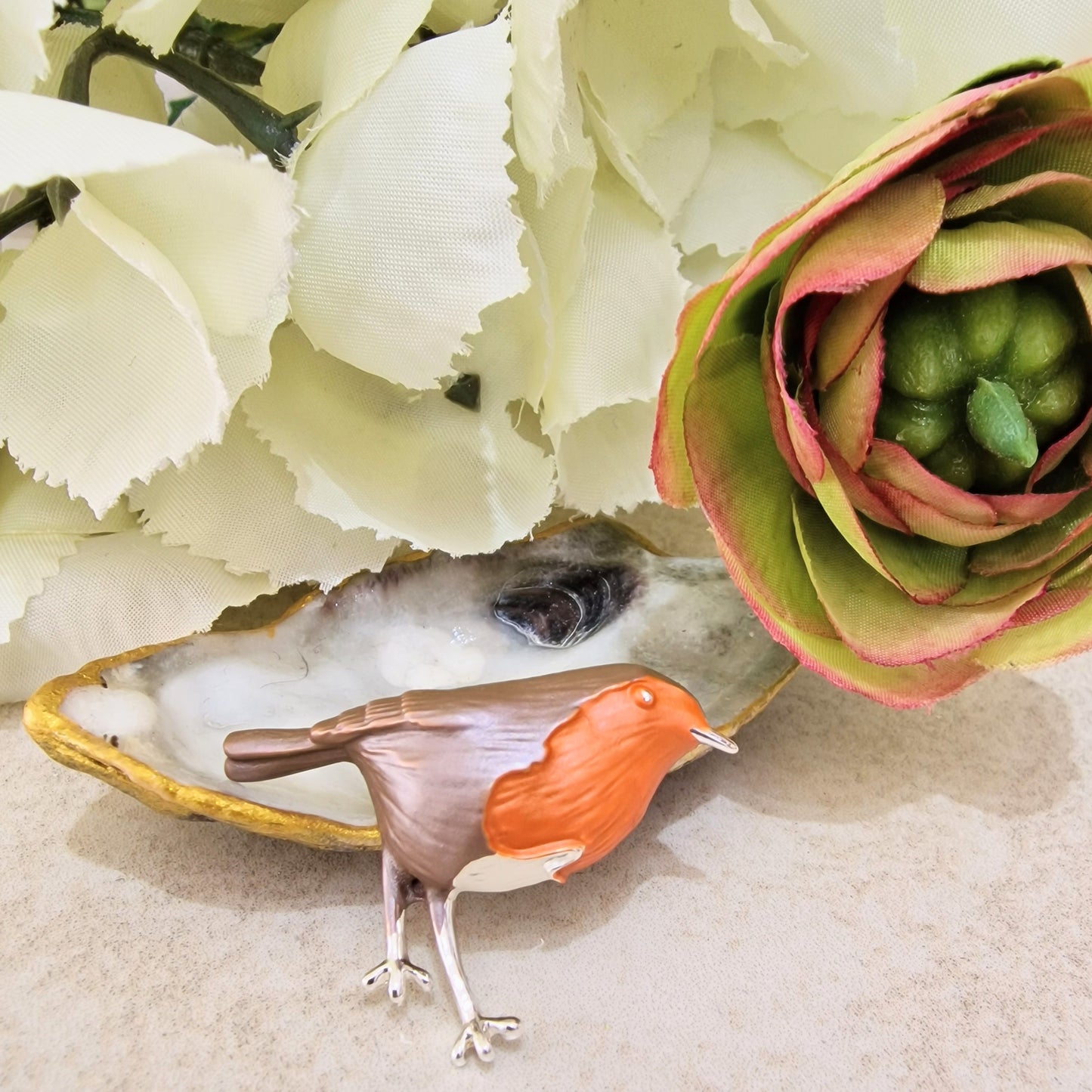 Robin Redbreast Bird Brooch Silver Base