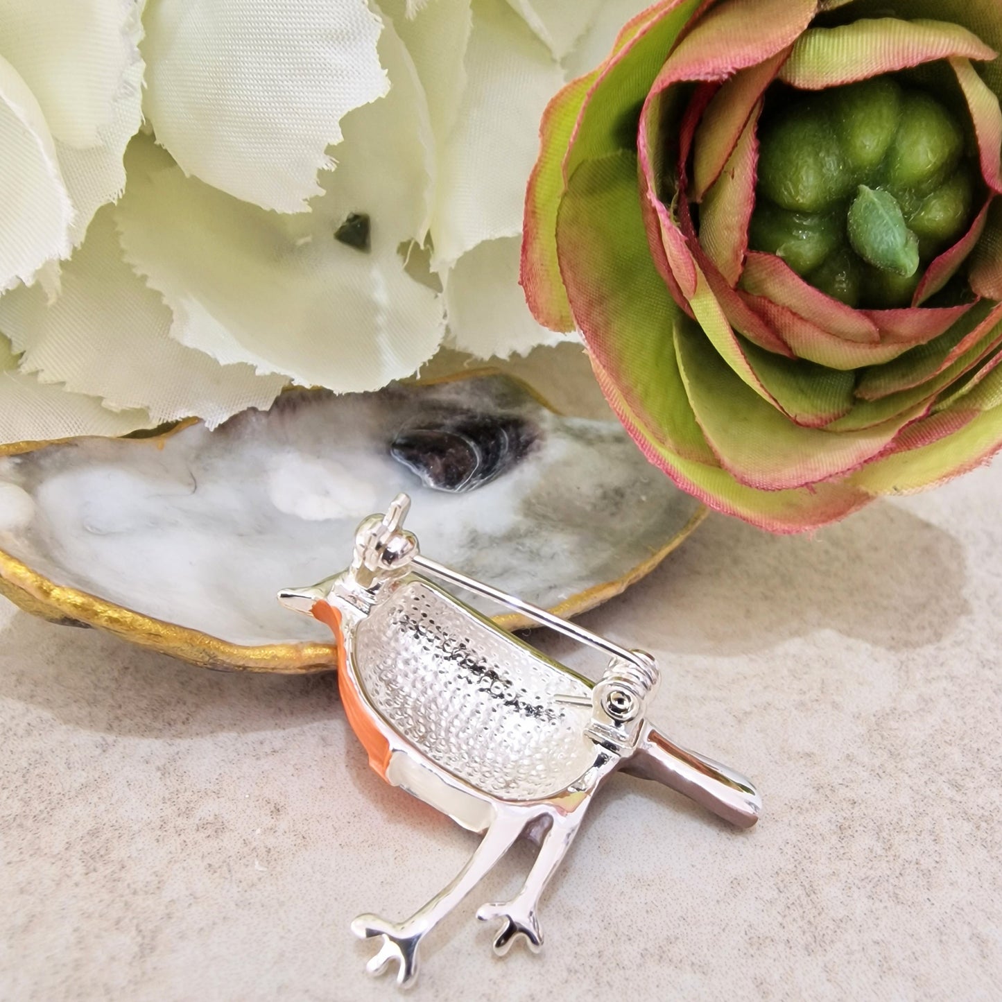 Robin Redbreast Bird Brooch Silver Base