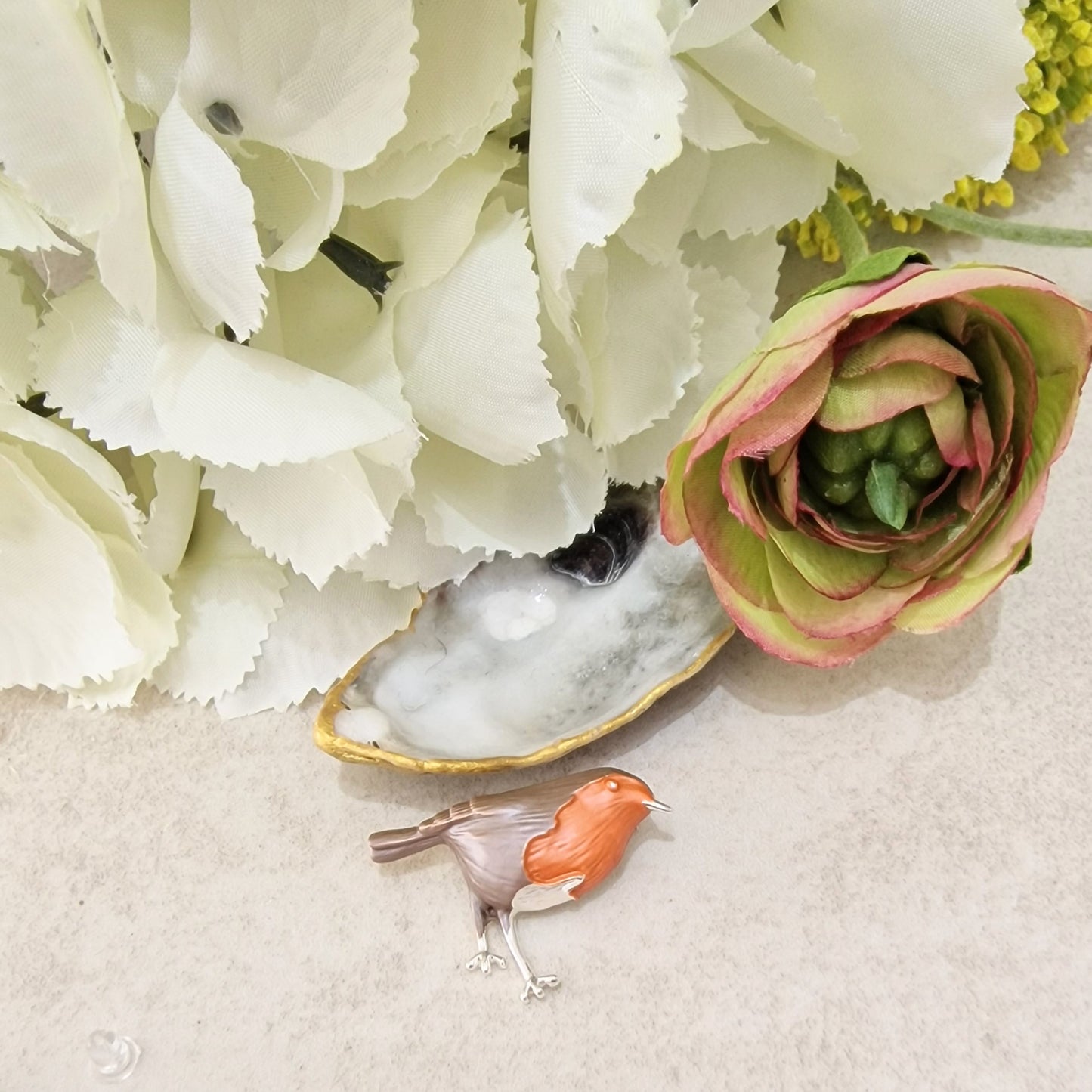 Robin Redbreast Bird Brooch Silver Base