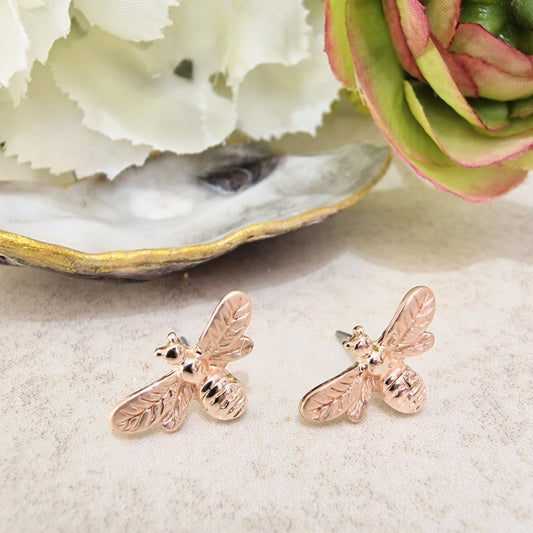 Delicate Bumble Bee Earrings Pierced Rose Gold Colour