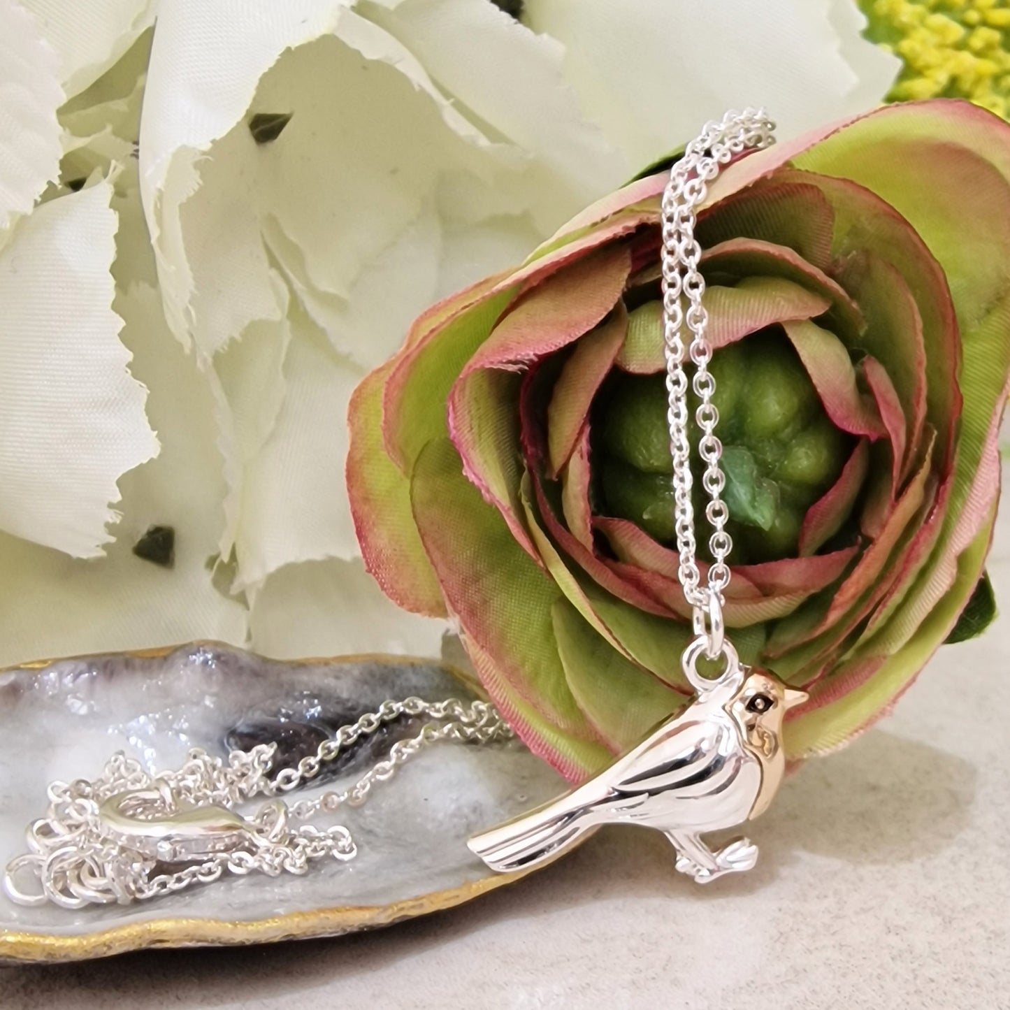 Robin Redbreast Charm Necklace Silver Gold Colour