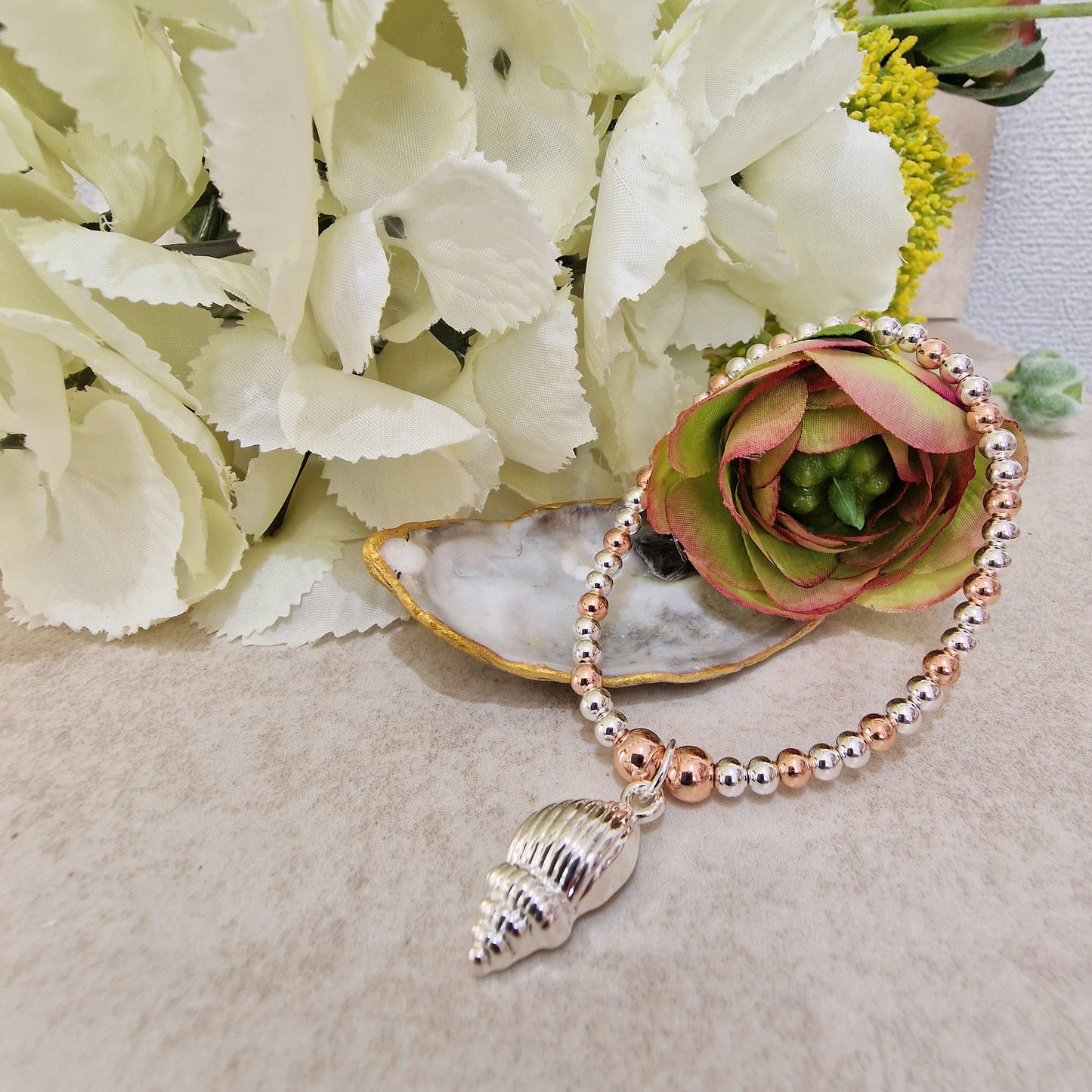 Beaded Shell Stretch Charm Bracelet Silver - Rose Gold Colour