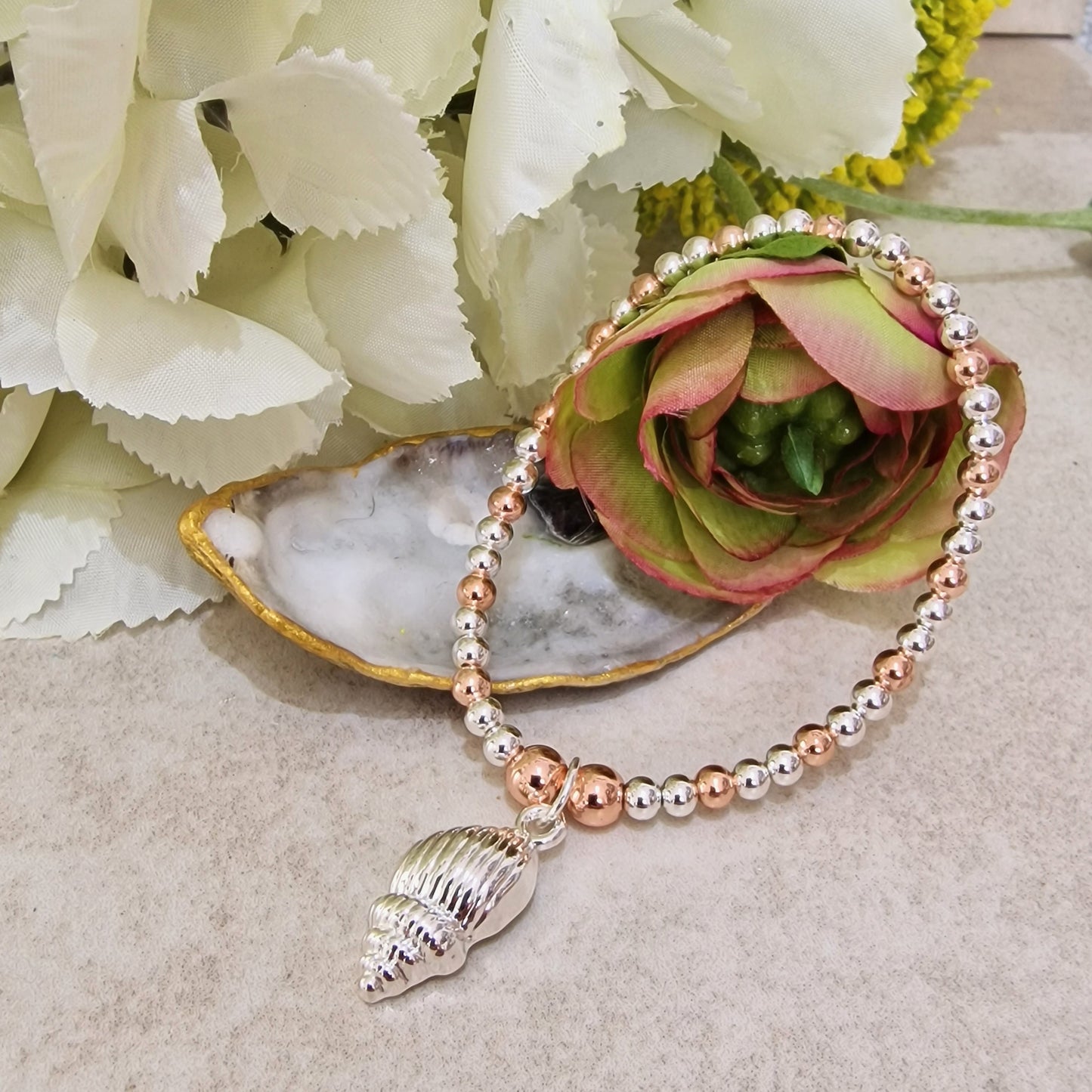 Beaded Shell Stretch Charm Bracelet Silver - Rose Gold Colour