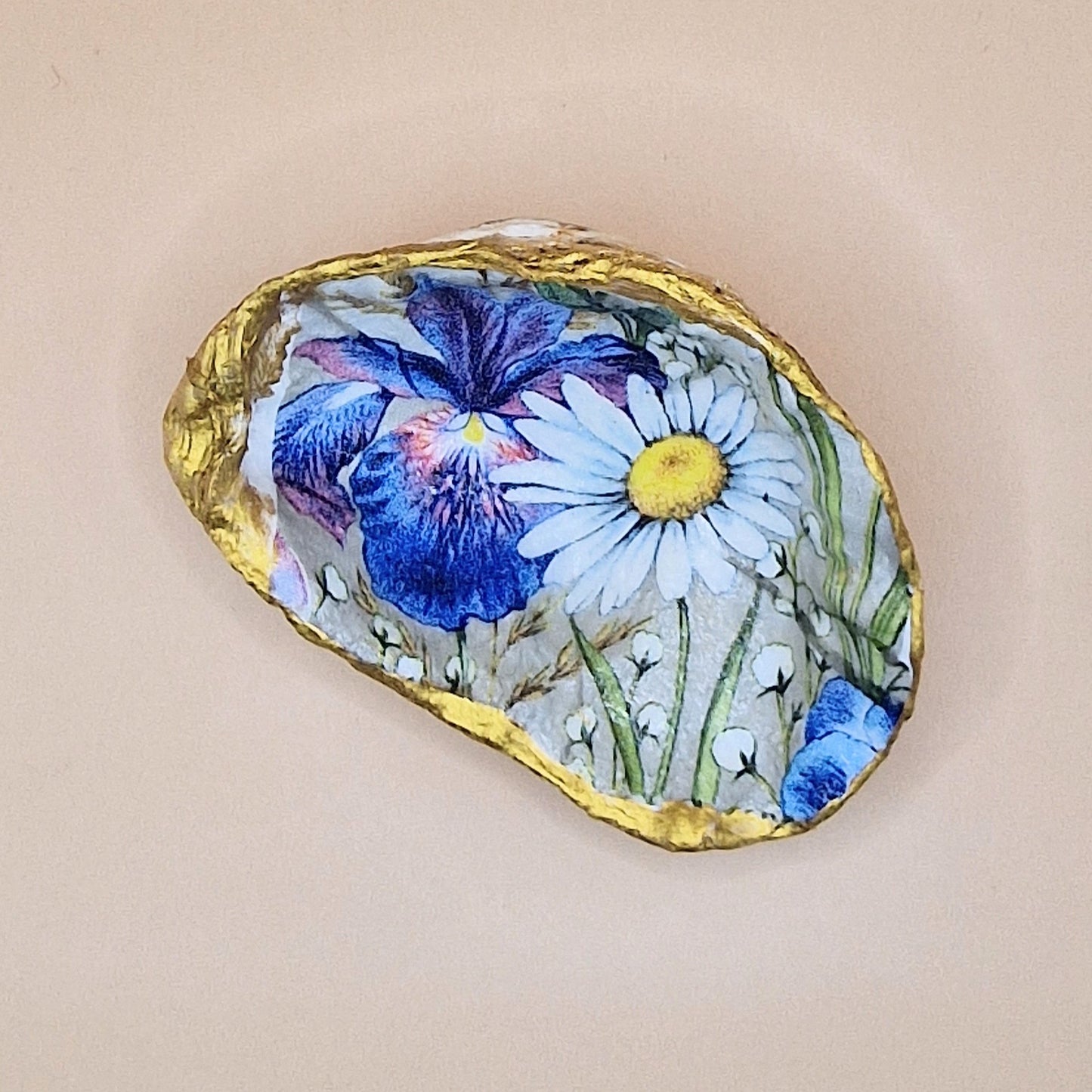 Iris Daisy Flowers Oyster Shell Trinket Dish