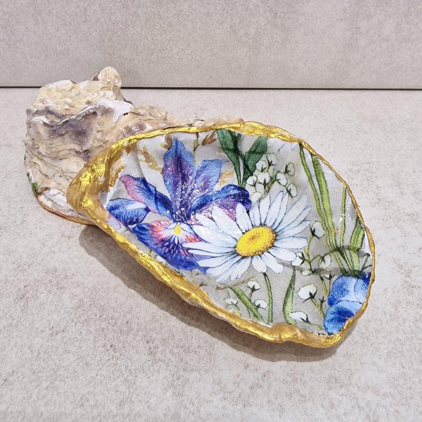 Iris Daisy Flowers Oyster Shell Trinket Dish
