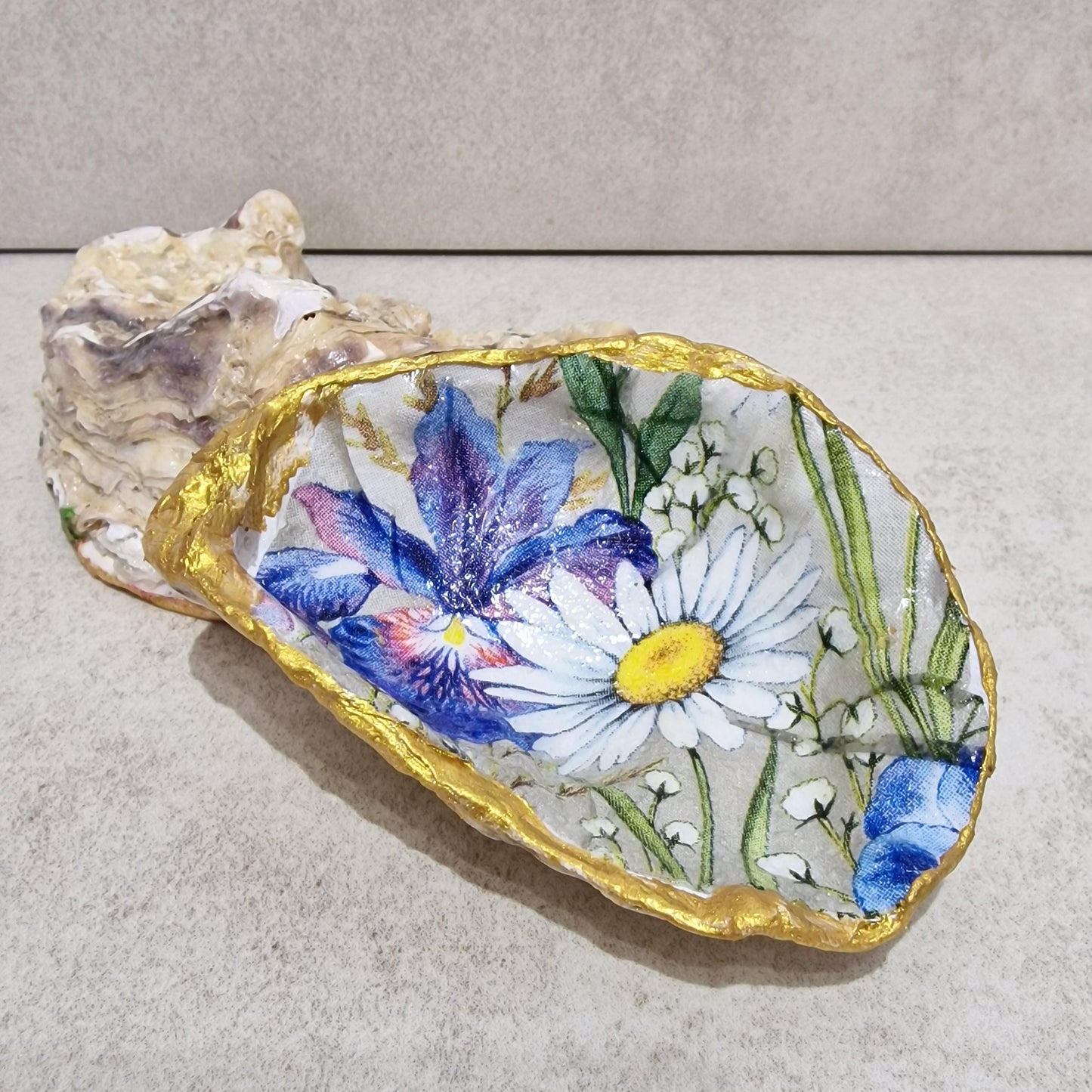 Iris Daisy Flowers Oyster Shell Trinket Dish