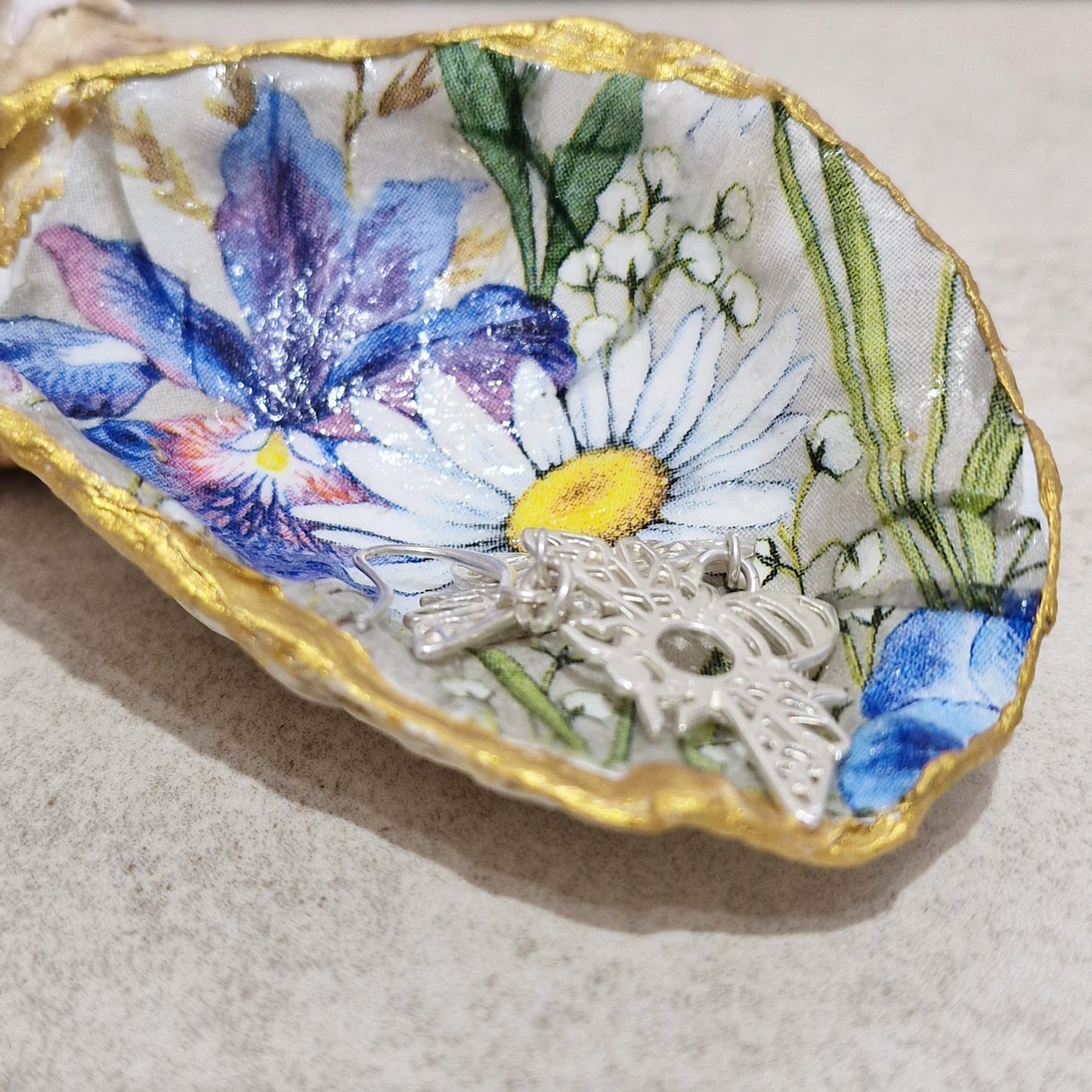 Iris Daisy Flowers Oyster Shell Trinket Dish