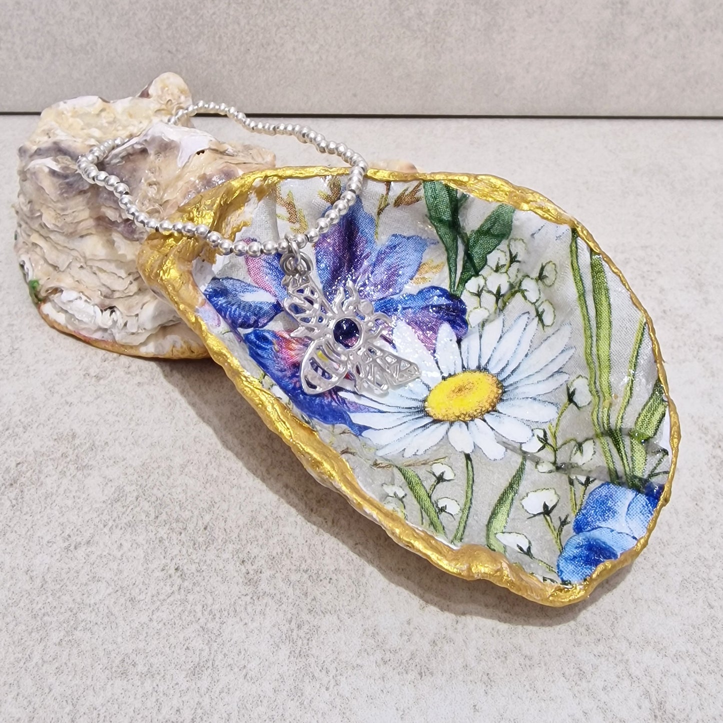 Iris Daisy Flowers Oyster Shell Trinket Dish