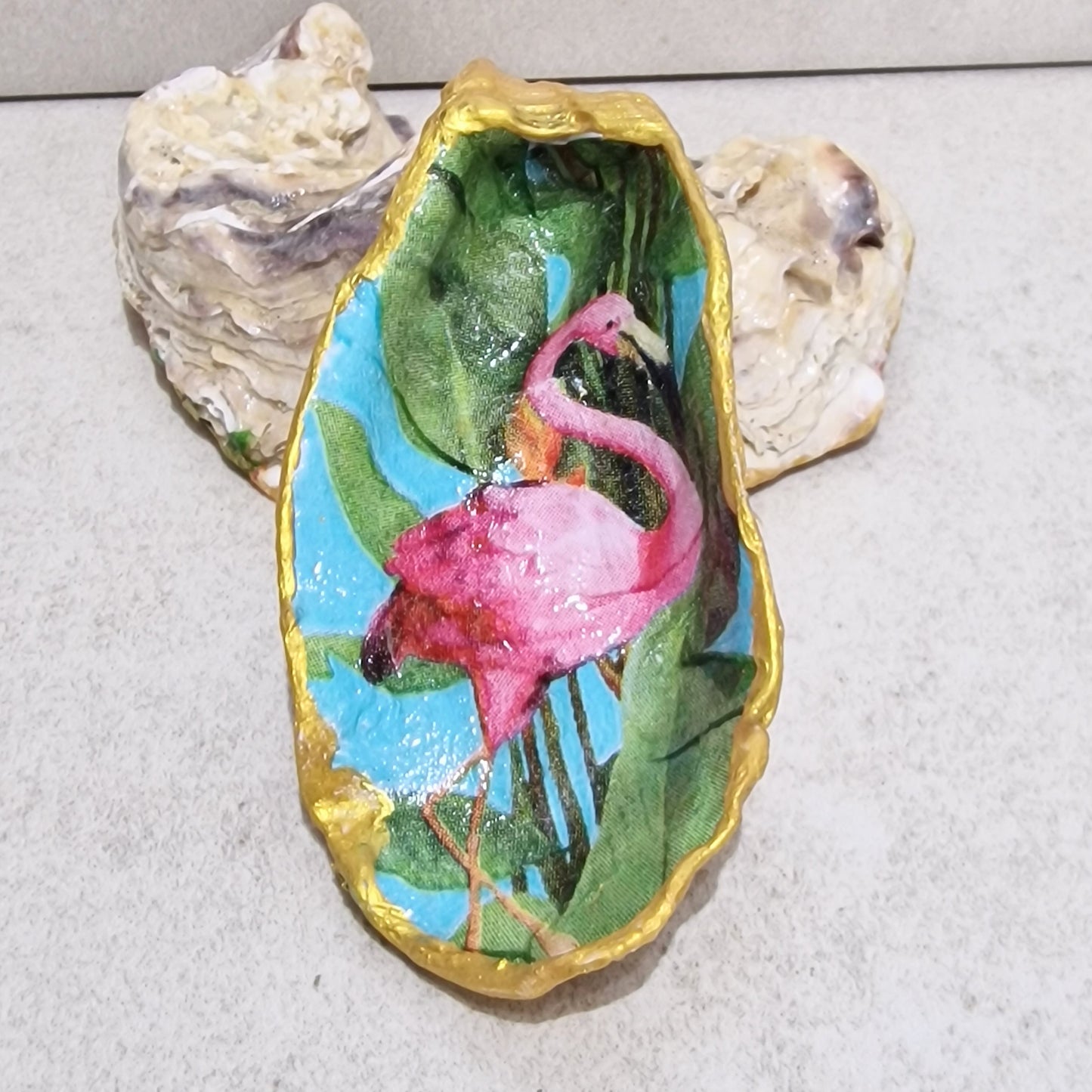 Pink Flamingo Bird Oyster Shell Trinket Dish