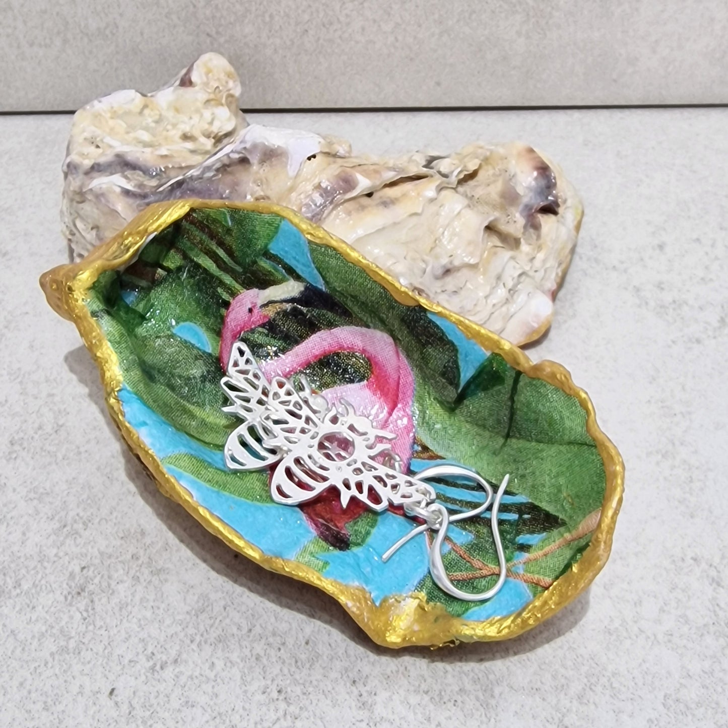 Pink Flamingo Bird Oyster Shell Trinket Dish