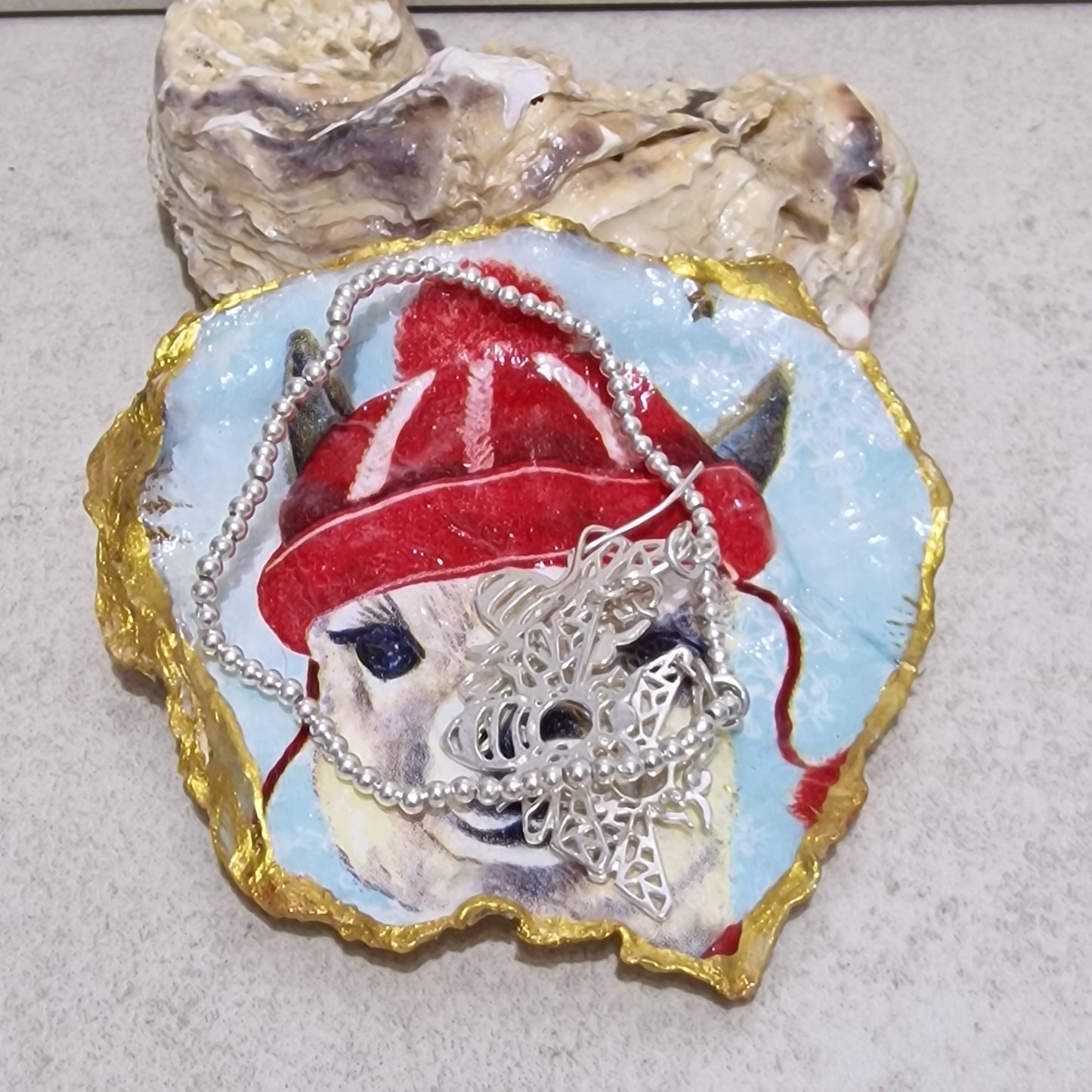 Christmas Llama Alpaca Oyster Shell Trinket Dish