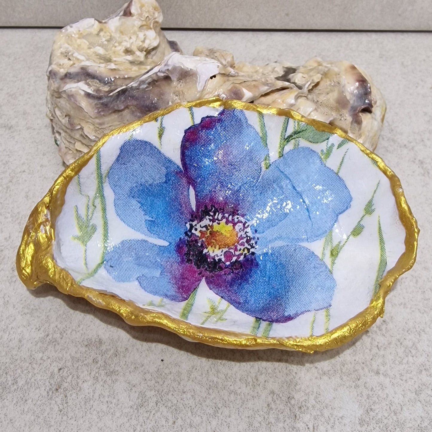 Blue Poppy Flower Small Oyster Shell Trinket Dish