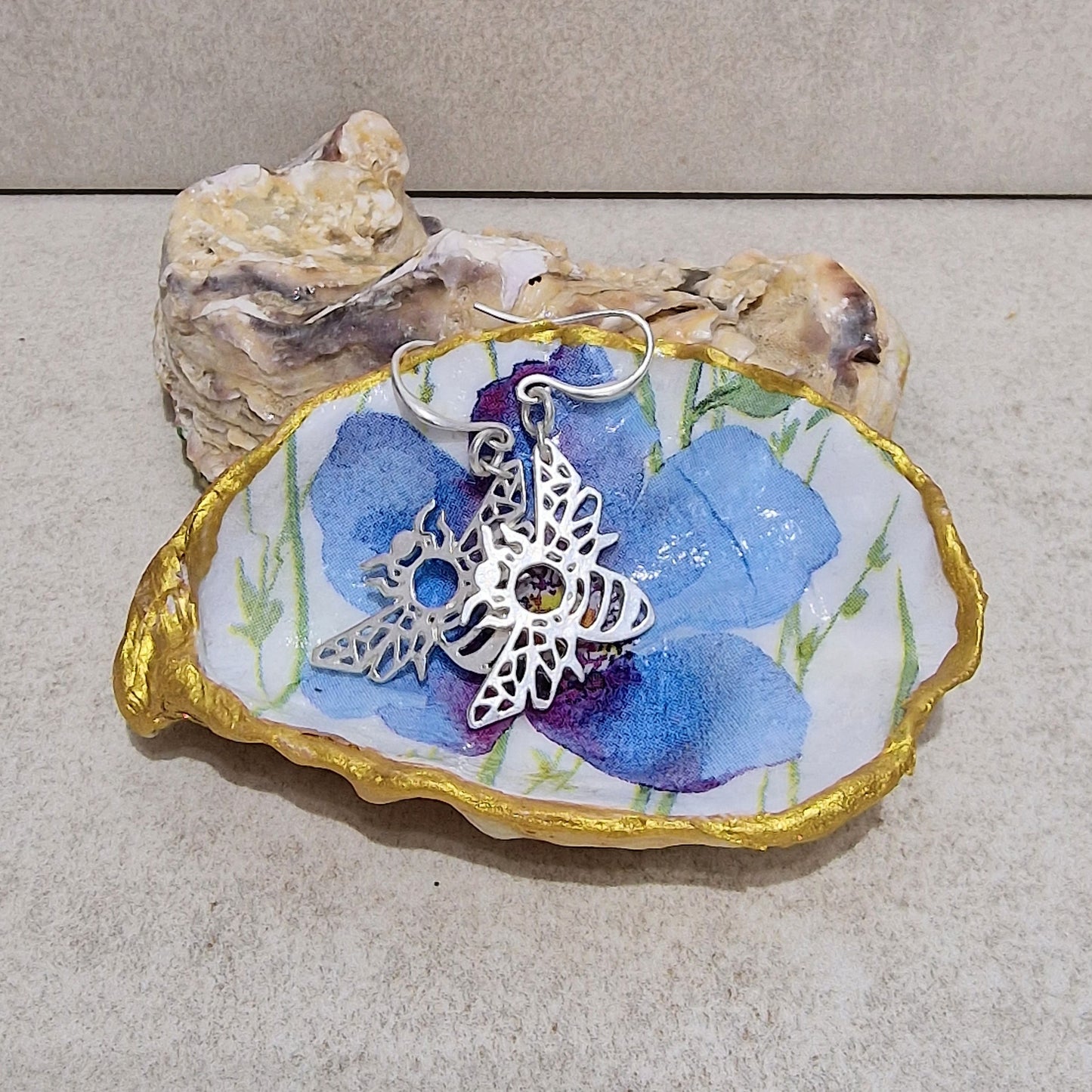 Blue Poppy Flower Small Oyster Shell Trinket Dish
