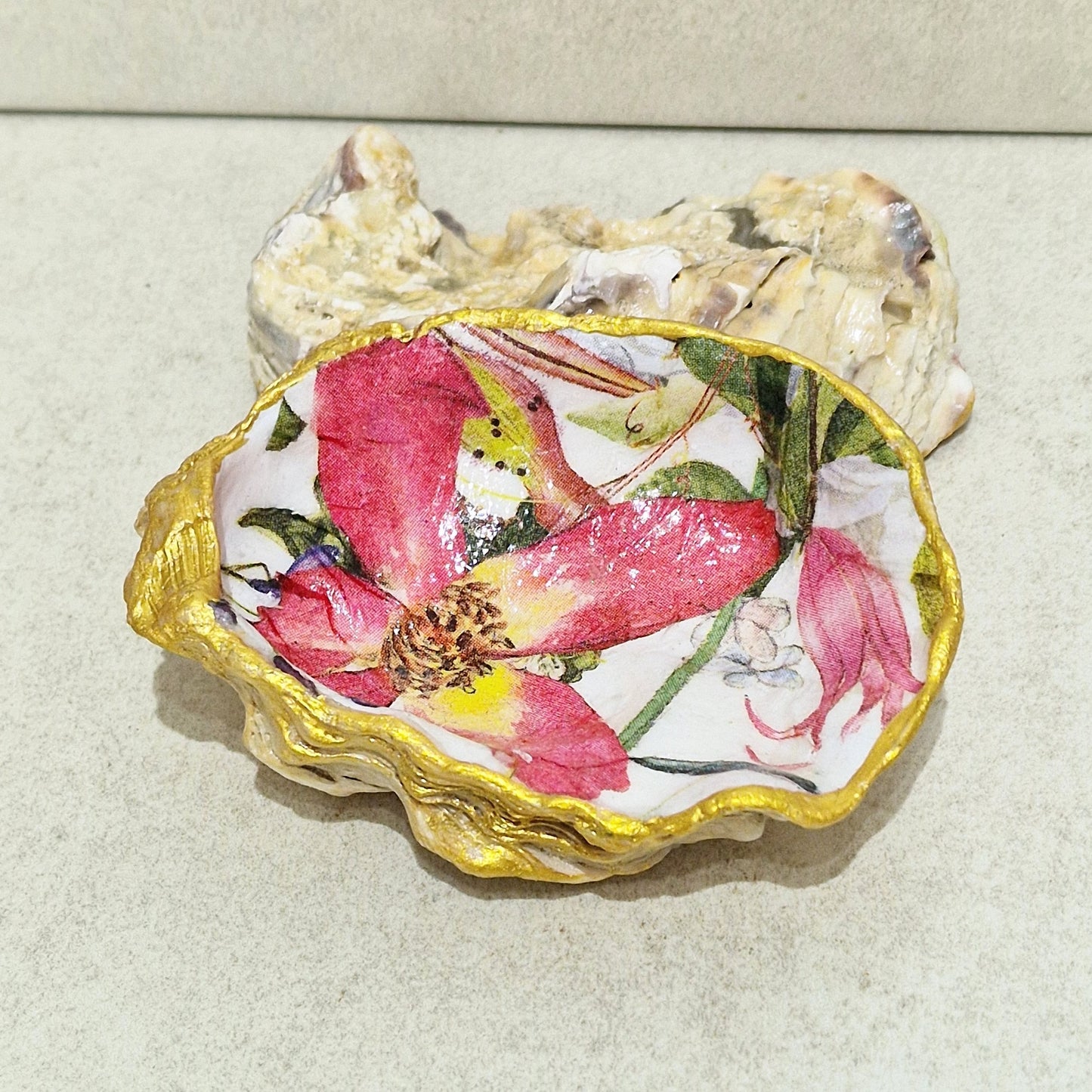 Pink Iris Flower Medium Oyster Shell Trinket Dish