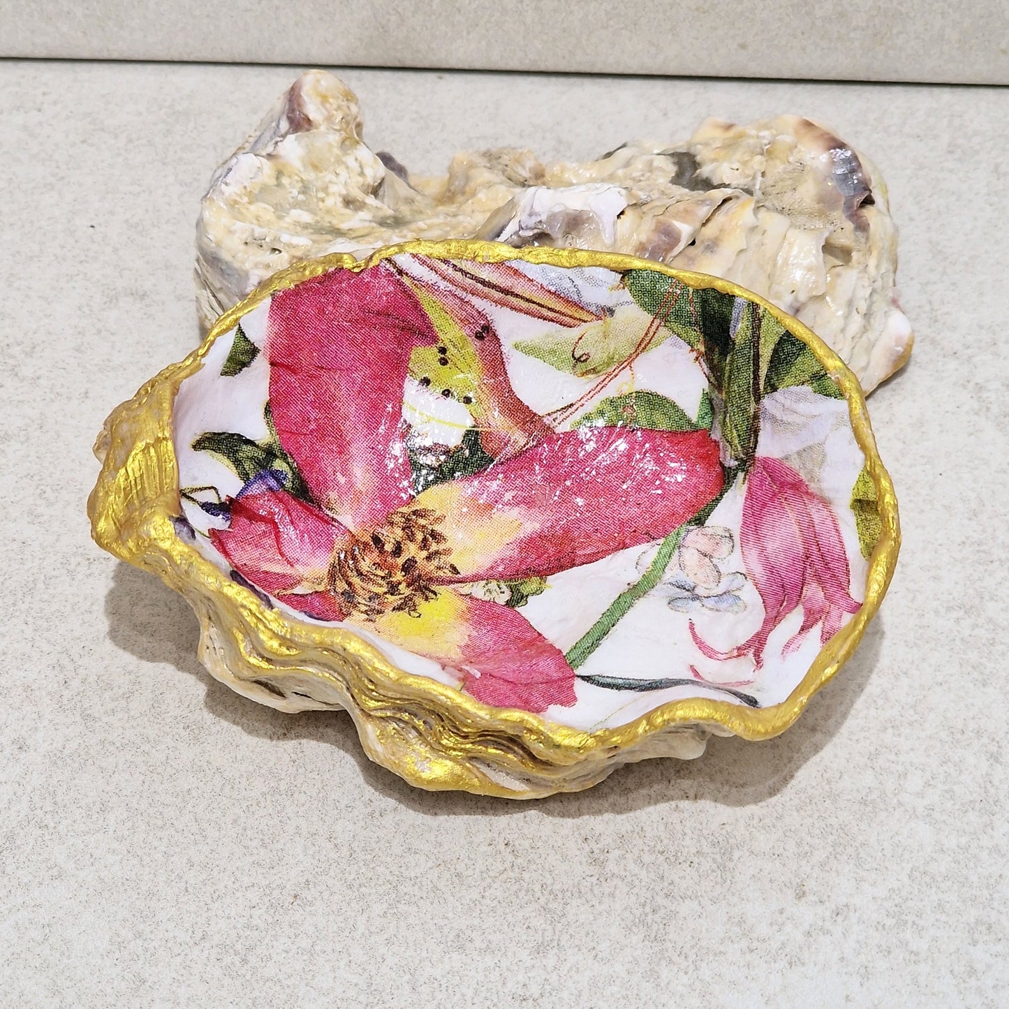 Pink Iris Flower Medium Oyster Shell Trinket Dish